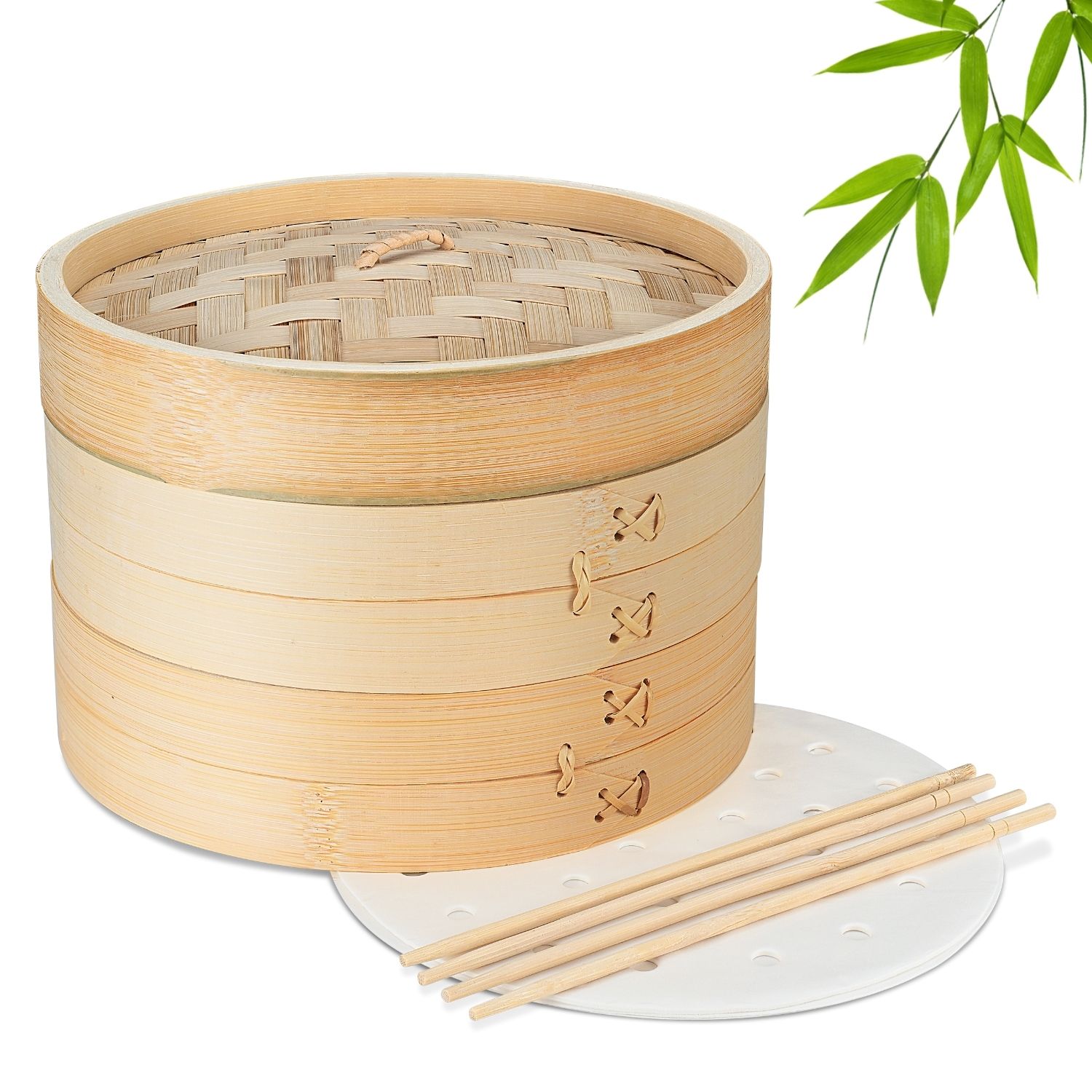 Bamboo Steamer Basket Set (10 inch), 50 x Steamer Liners and 2 Pairs of Chopsticks, Steam Baskets for DimSum Dumplings , Rice, Vegetables, Fish and Meat