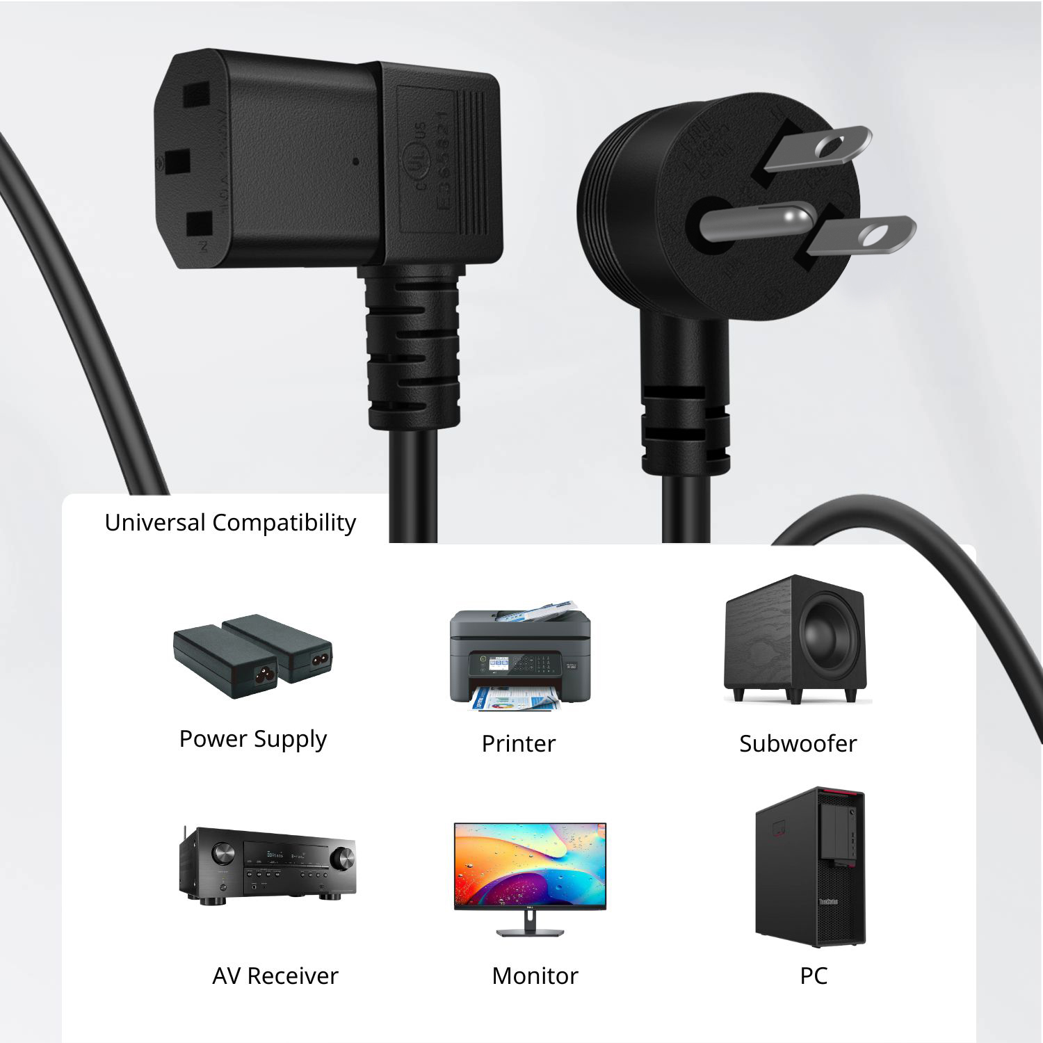 Space-Saving Design - Right angle power adapter directs the cable parallel to the equipment. Ideal for narrow spaces - fits nicely behind furniture, desk, fridge, or against a wall with little clearance.