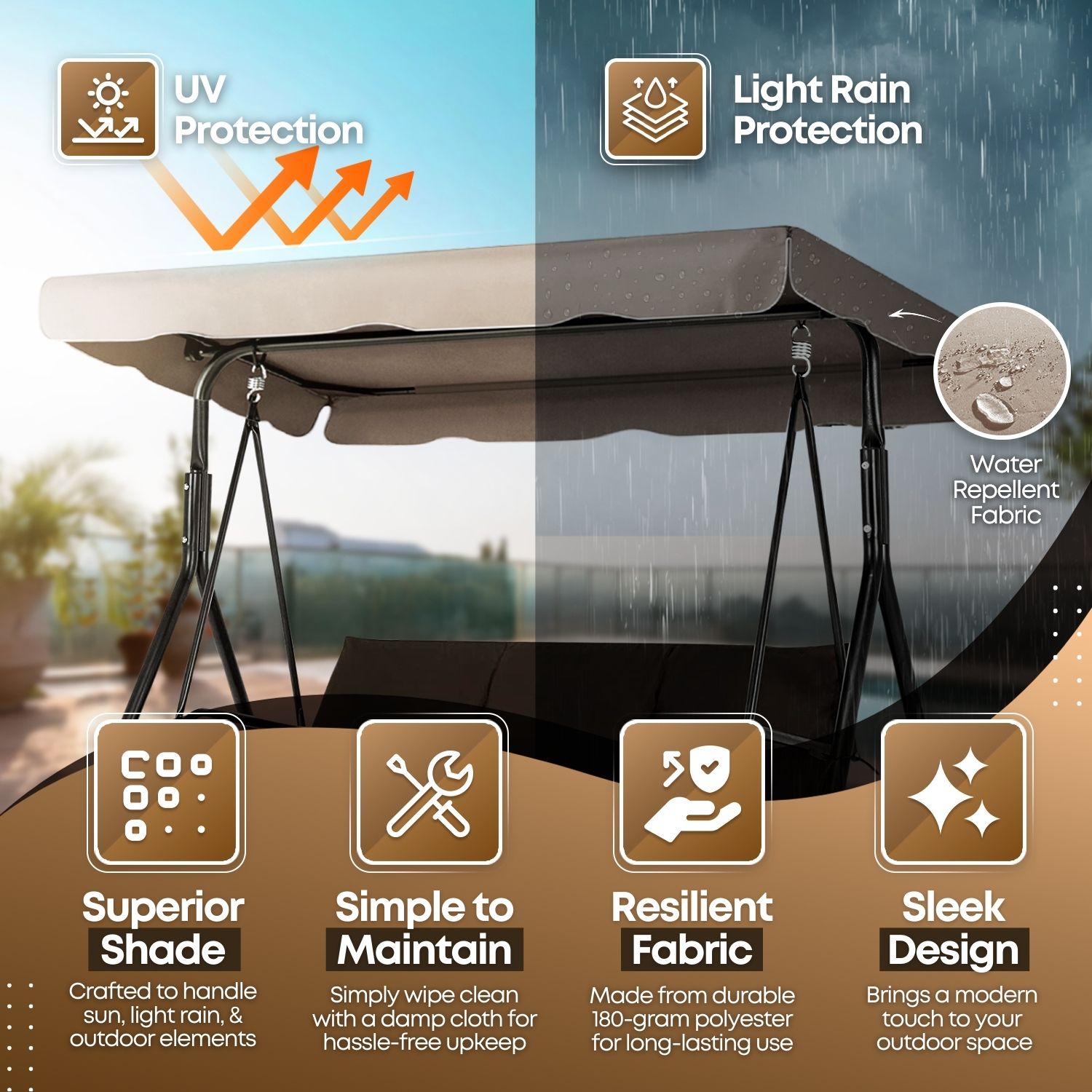 UV Protection and Weather Resistant -  The patio swing canopy replacement is durable UV blocking & water, mildew, fade and stain resistance; Offering protection from the blazing sun and creating shade to enjoy outdoor canopy swing bench; Water resistance PA coating protects your swing and enables you to continue relaxing in the rain