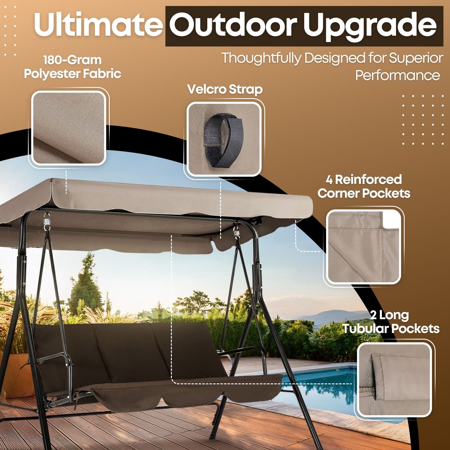 Easy Hook & Loop Installation - Mount swing top replacement in 3 simple steps: slide the mental tubes into 2 long tubular pockets, fix 4 corners into corner pockets, latch hook and loop for further reinforcement; Tubular pockets & hook and loop straps provide firmer connection between cover and swing to withstand strong winds