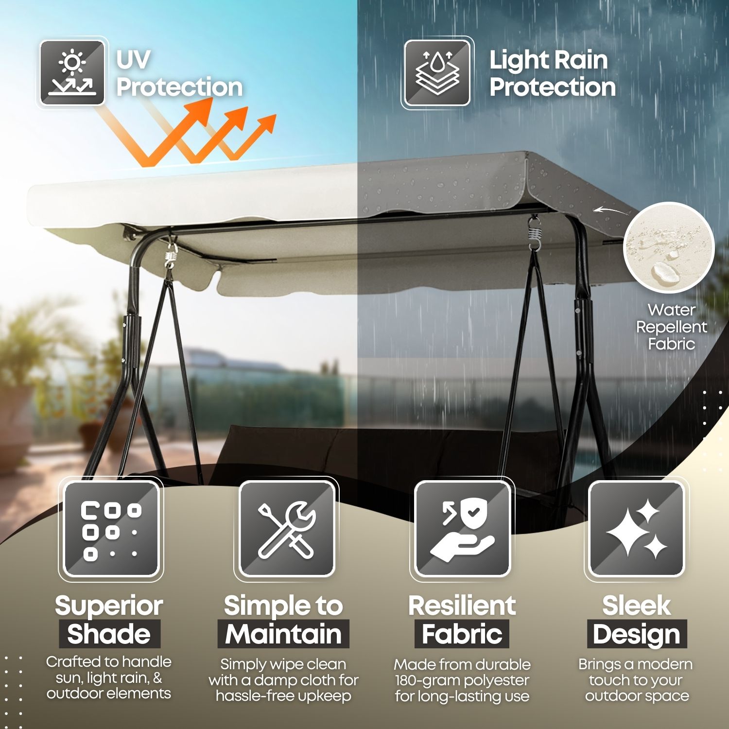 UV Protection and Weather Resistant - The patio swing canopy replacement is durable UV blocking & water, mildew, fade and stain resistance; Offering protection from the blazing sun and creating shade to enjoy outdoor canopy swing bench; Water resistance PA coating protects your swing and enables you to continue relaxing in the rain