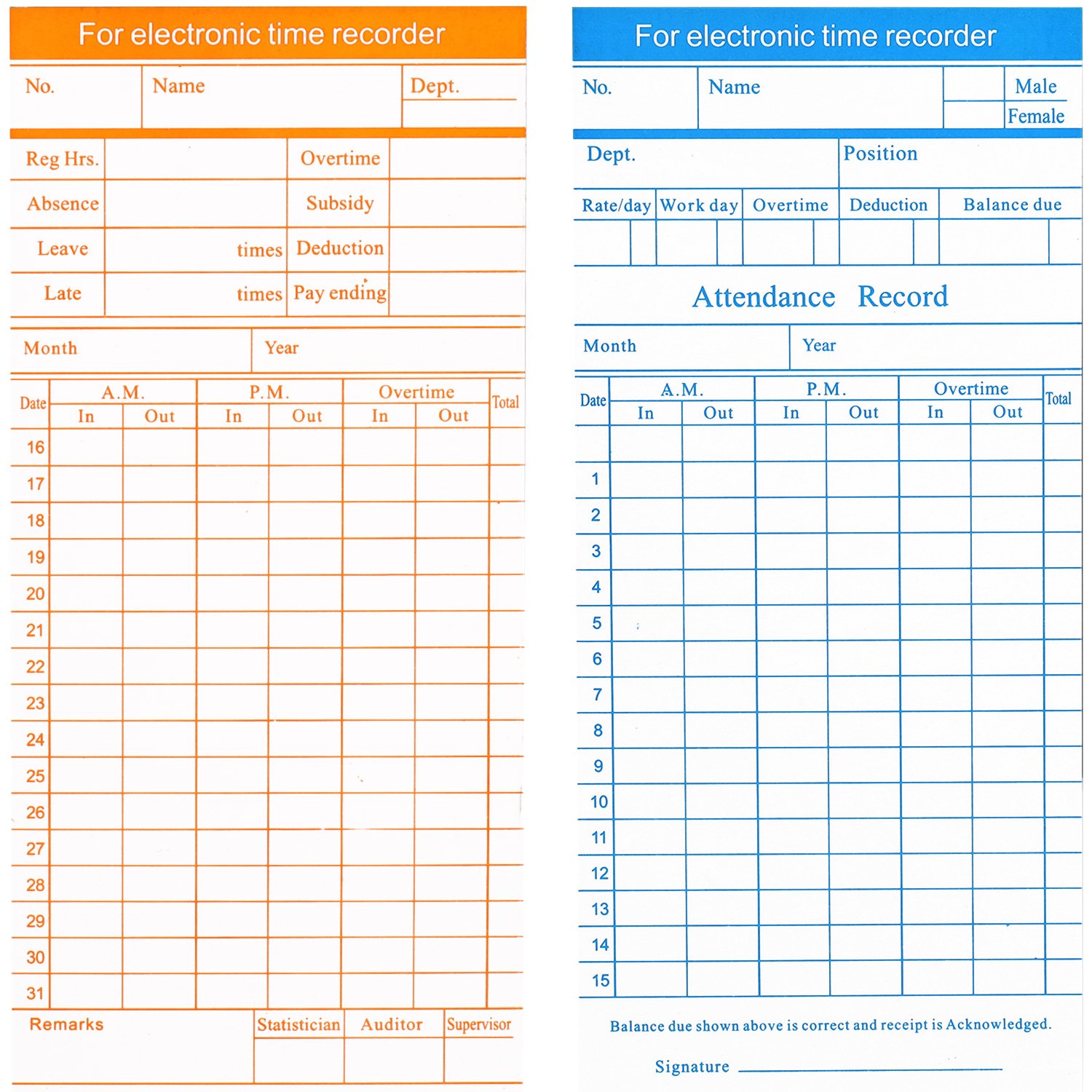 Flexzion Time Cards Monthly Timesheet Clock Timecard - 100 Pack 6 Column 2-Sided Orange/Blue Card for Time Punch Clock Employee Attendance