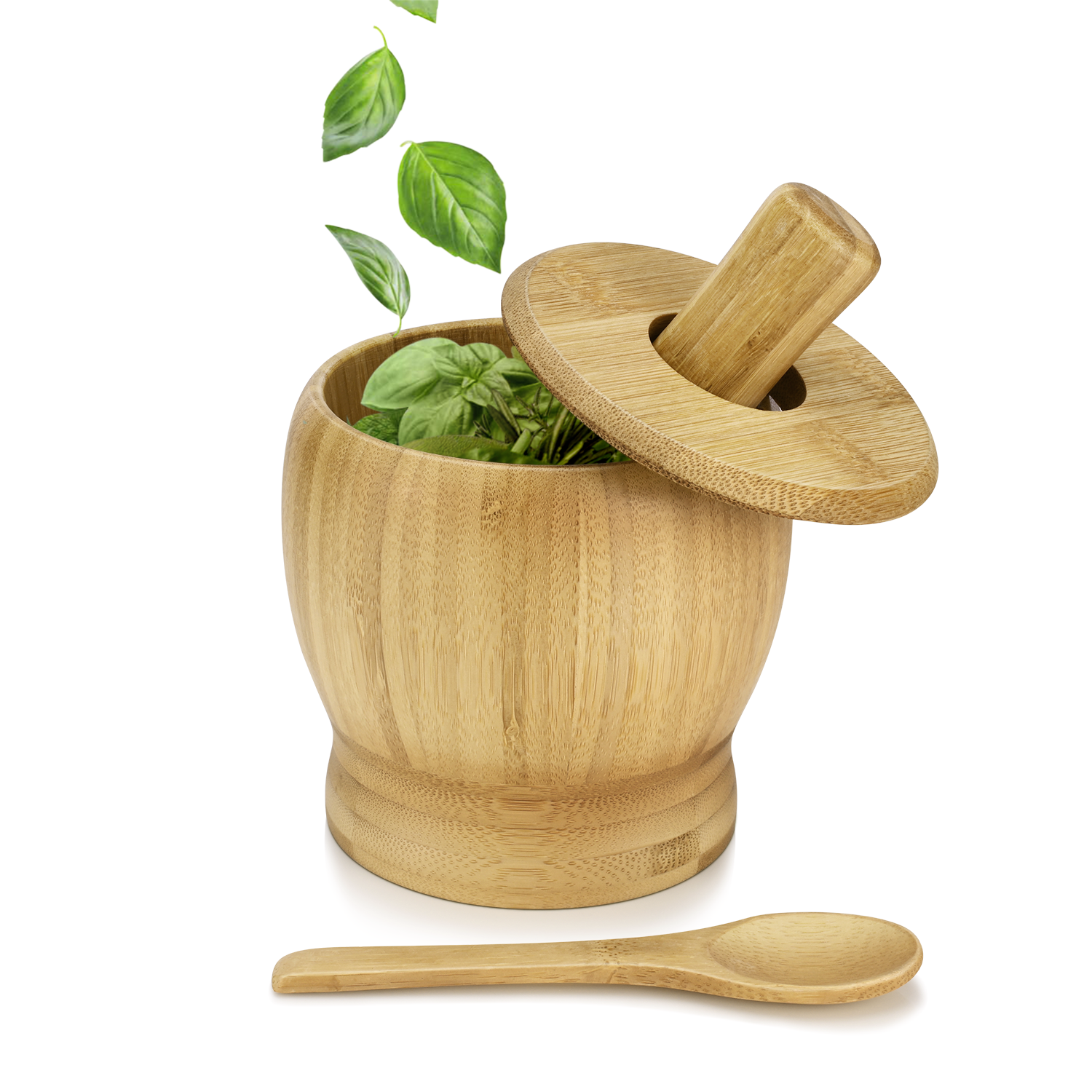 Natural Bamboo Mortar and Pestle Set, 5 inch Diameter Hand Polished Grinding Pinch Bowl Molcajete w/ Solid Wood Pestle for Crushing Guacamole, Herbs, Spices, Garlic, Kitchen, Cooking, Medicine Pills, Seeds