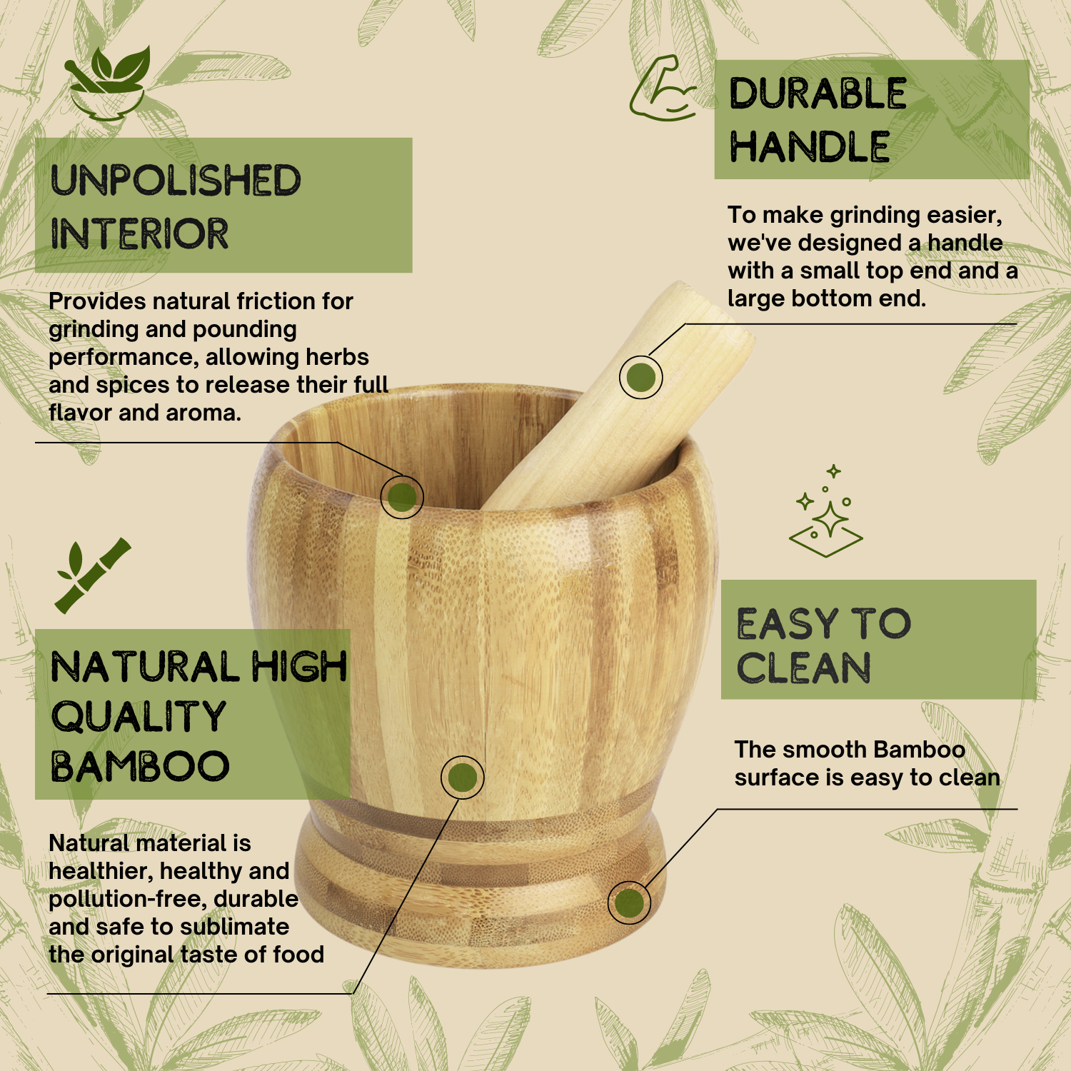 Ergonomic Design - With a lightweight design that is comfortable to use, and an easy maintenance feature. Simply rinse the mortar and pestles with warm water and mild dish soap, air dry, and it's ready for next use.