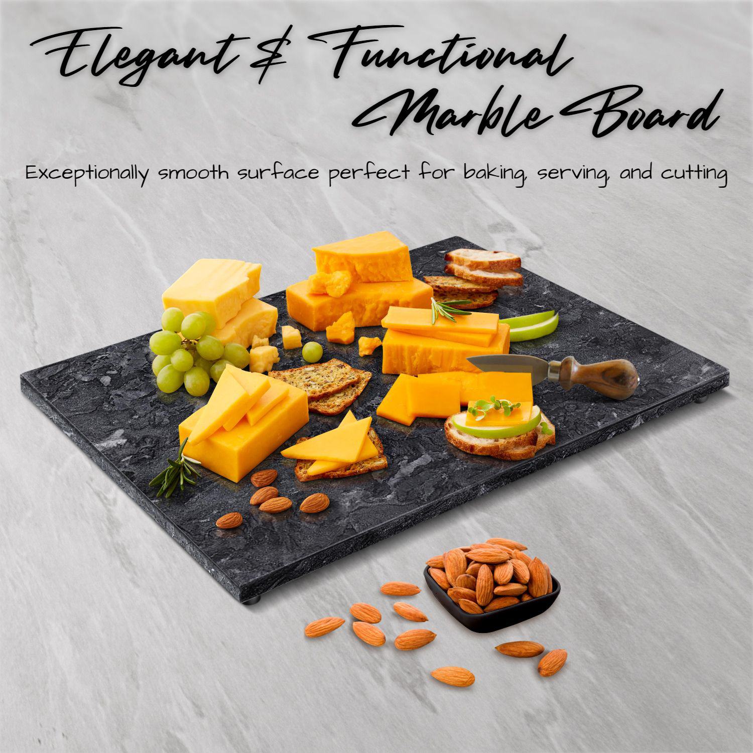 Rectangular Marble Cutting Board - Beautiful and elegant 11.5"x15" rectangular marble charcuterie board. A versatile cutting board for the kitchen and also displays your charcuterie with class, perfect for displaying bite-sized bread, jam, fruits, cured meats, brie, and gouda cheese