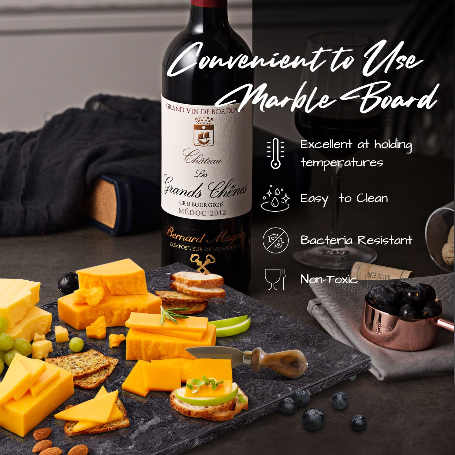 Elegant & Functional Serving Platter - Exceptionally smooth surface, great for parties or gatherings. Can be used as a baking slab, serving platter, or cutting board. Features non-slip rubber feet to keep the board in place