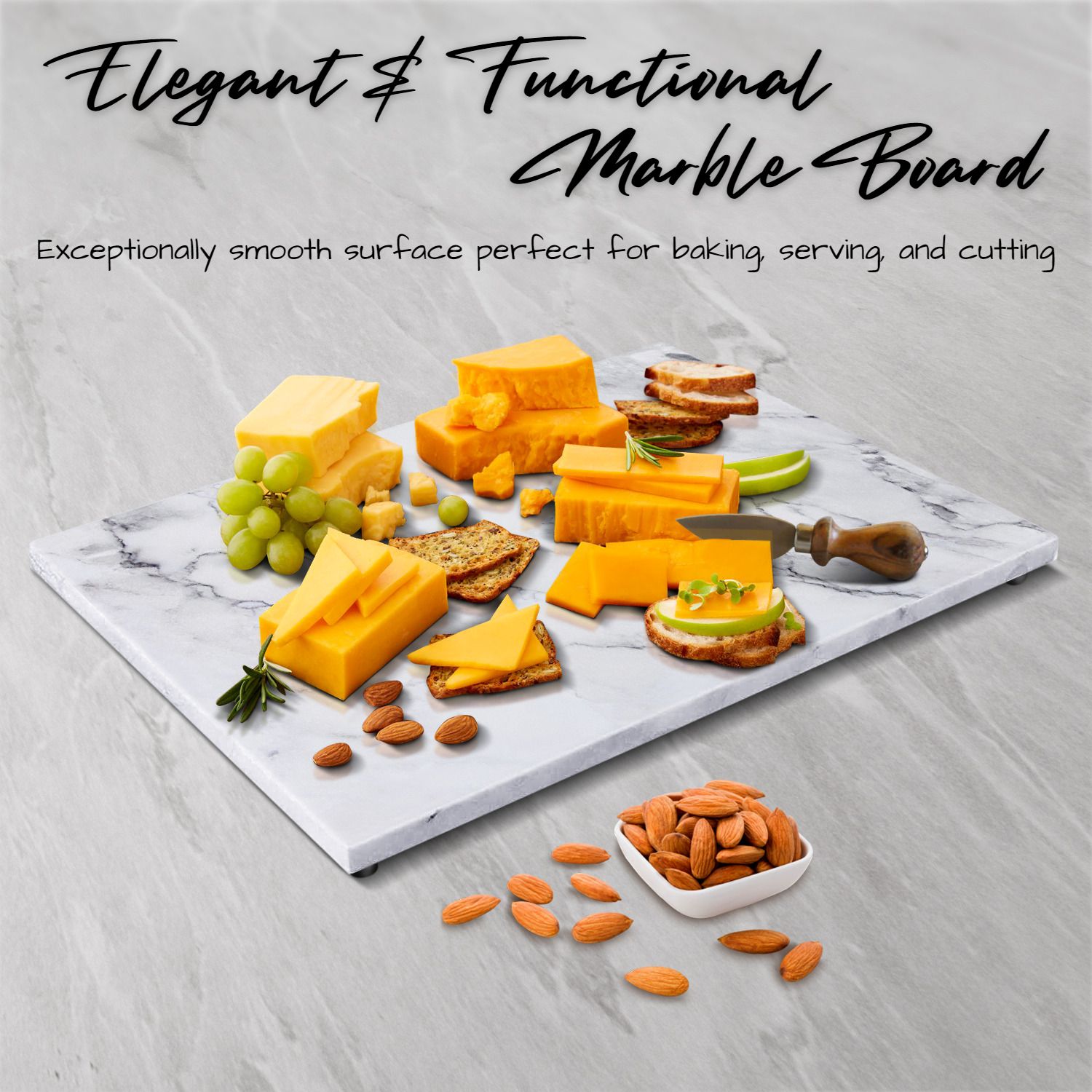 Rectangular Marble Cutting Board - Beautiful and elegant 11.5"x15" rectangular marble charcuterie board. A versatile cutting board for the kitchen and also displays your charcuterie with class, perfect for displaying bite-sized bread, jam, fruits, cured meats, brie, and gouda cheese