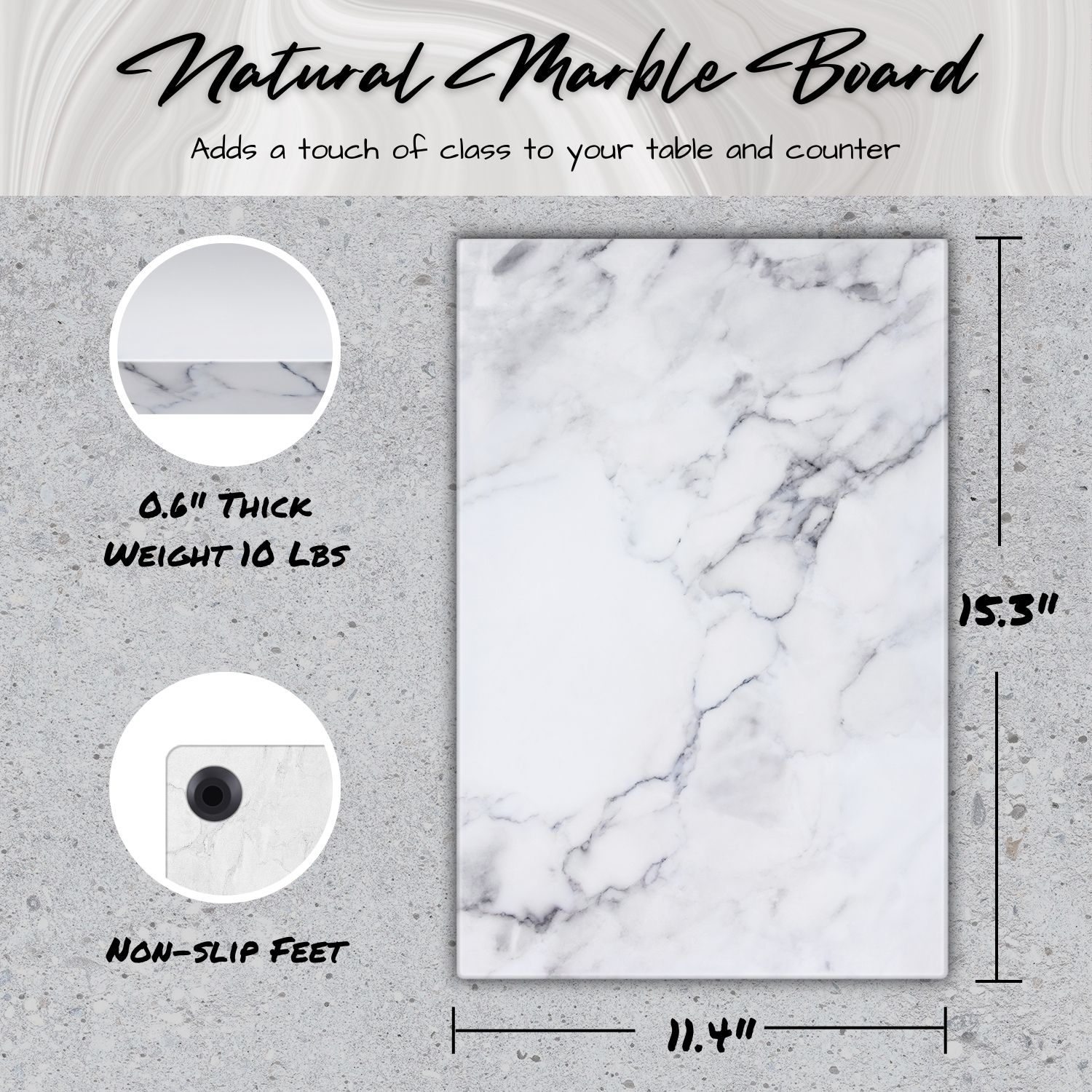 Pure Marble Slab - Rectangular cheese board in cool marble adds a touch of class to your table and counter. Can also be heated up to 200-degree Fahrenheit to keep food warm. Each board is unique due to the natural grains of marble