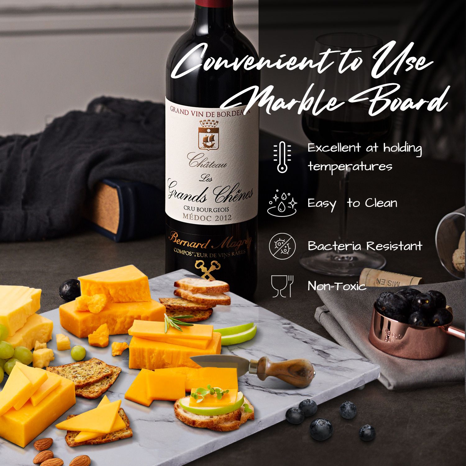 Elegant & Functional Serving Platter - Exceptionally smooth surface, great for parties or gatherings. Can be used as a baking slab, serving platter, or cutting board. Features non-slip rubber feet to keep the board in place