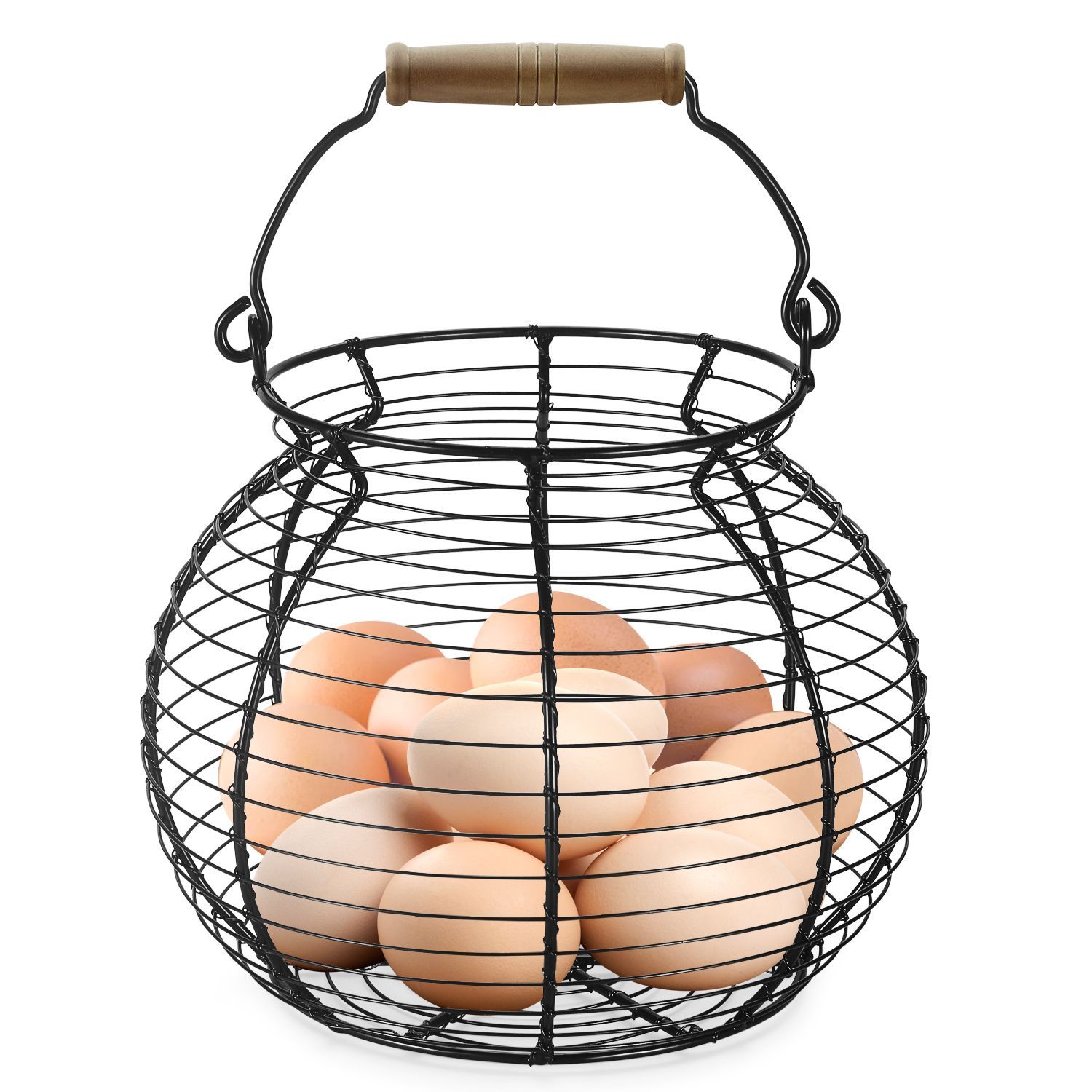 Wire Egg Storage Basket w/ Vintage Wooden Top Handle for Chicken Egg