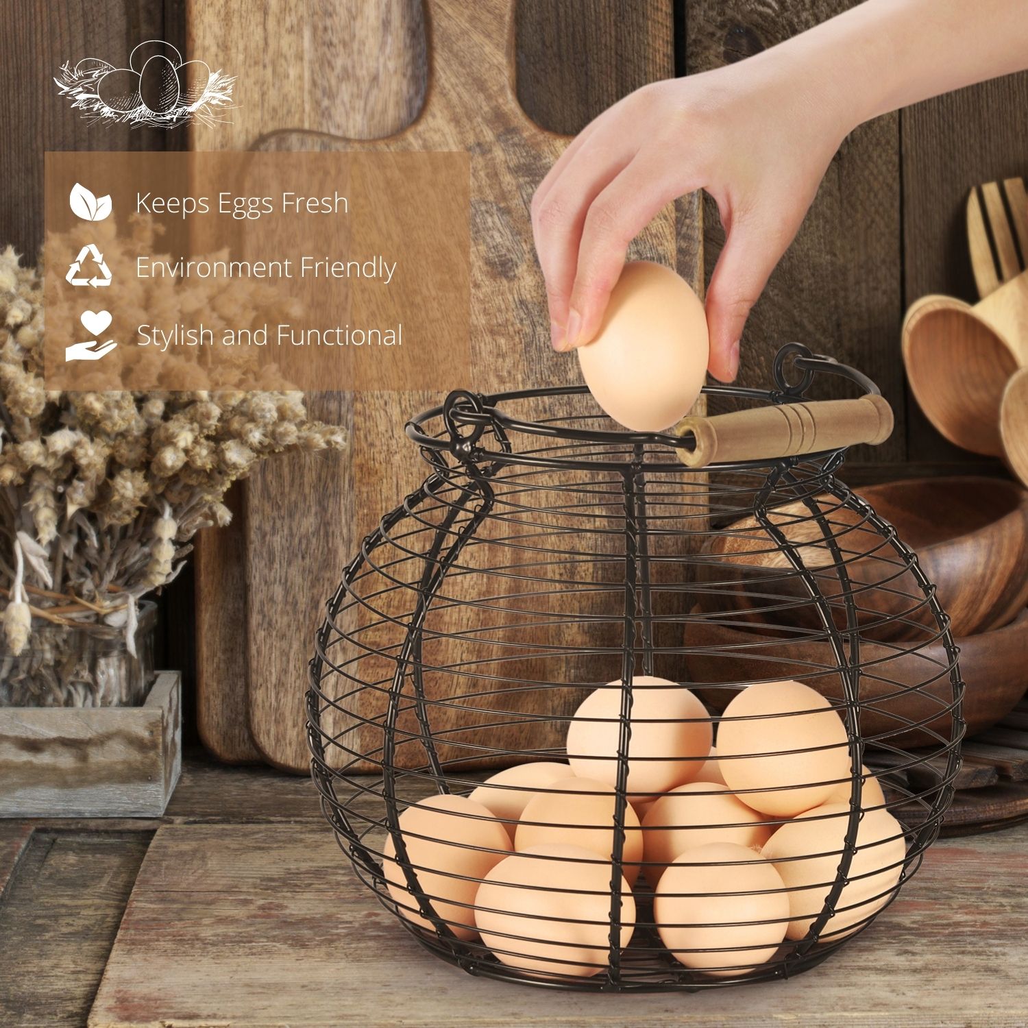  Round Chicken Wire Egg Baskets, Rustic Metal Egg Baskets for  Fresh Eggs with Handle, Egg Holder Countertop Basket with Ceramic Lids,  Country Farmhouse Vintage Style Gathering : Home & Kitchen