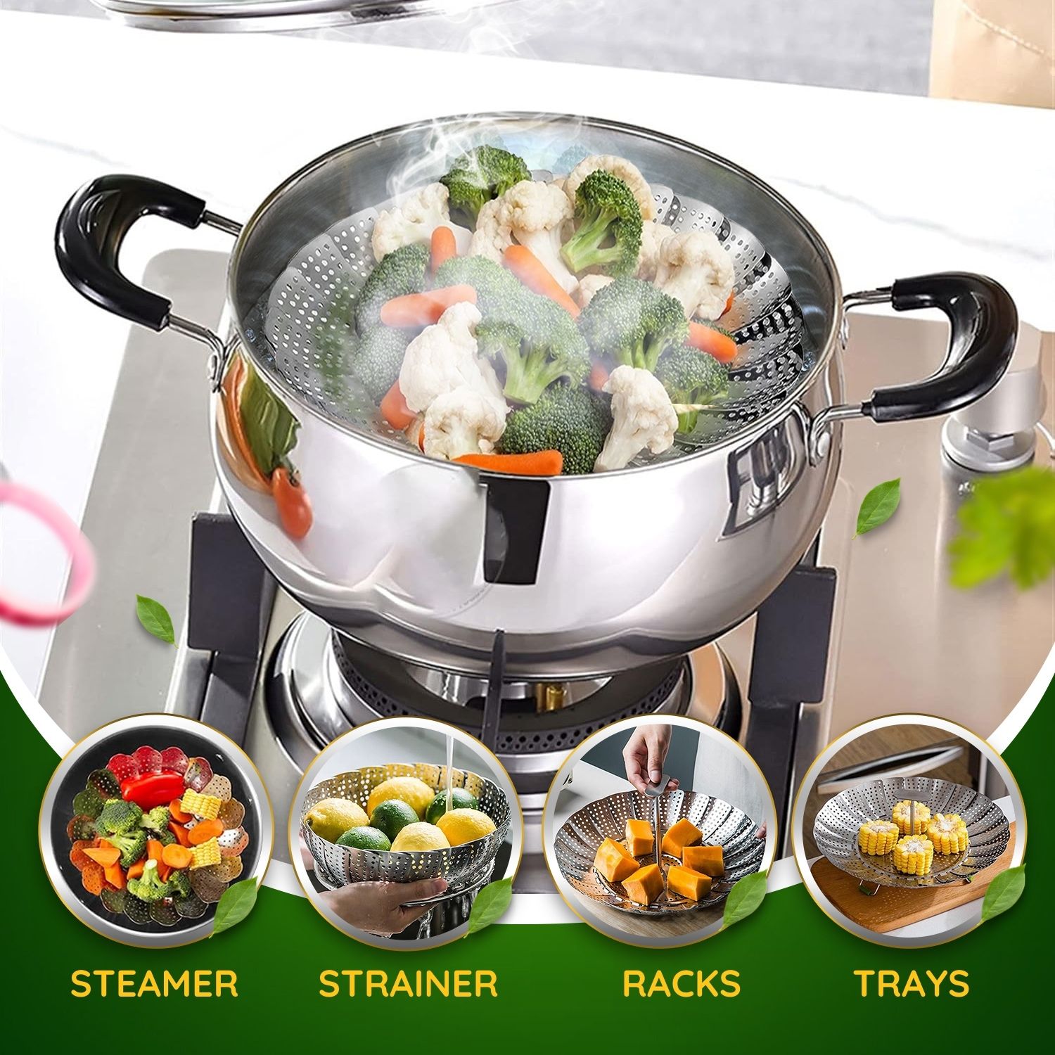 Expandable And Collapsible To Fit A Variety Of Pots And Pans - Unique construction and design to adjust to any size and fits a variety of kitchen cookware accessories and utensils. Easily fit into any pot and can be easily folded to save space when stored. Compatible with crock/instant pot, double broiler and more