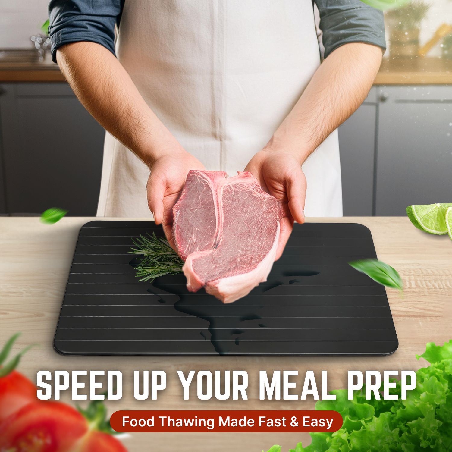 Quick Defrosting Tray for Frozen Meat &ndash; Crafted from high-quality, food-grade aluminum, this defrosting mat for frozen meat accelerates thawing through thermal conductivity&mdash;defrosting your meals up to 10 times faster than room temperature methods