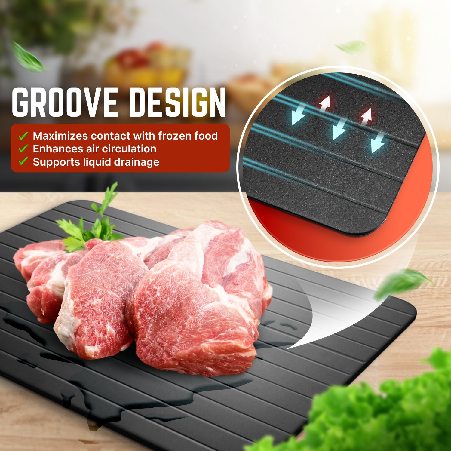 Pure & Natural Meat Defroster Tray &ndash; This meat defroster tray retains the flavor and nutrients of your food without electricity or batteries. A true dethawing tray that&rsquo;s energy-free and eco-friendly