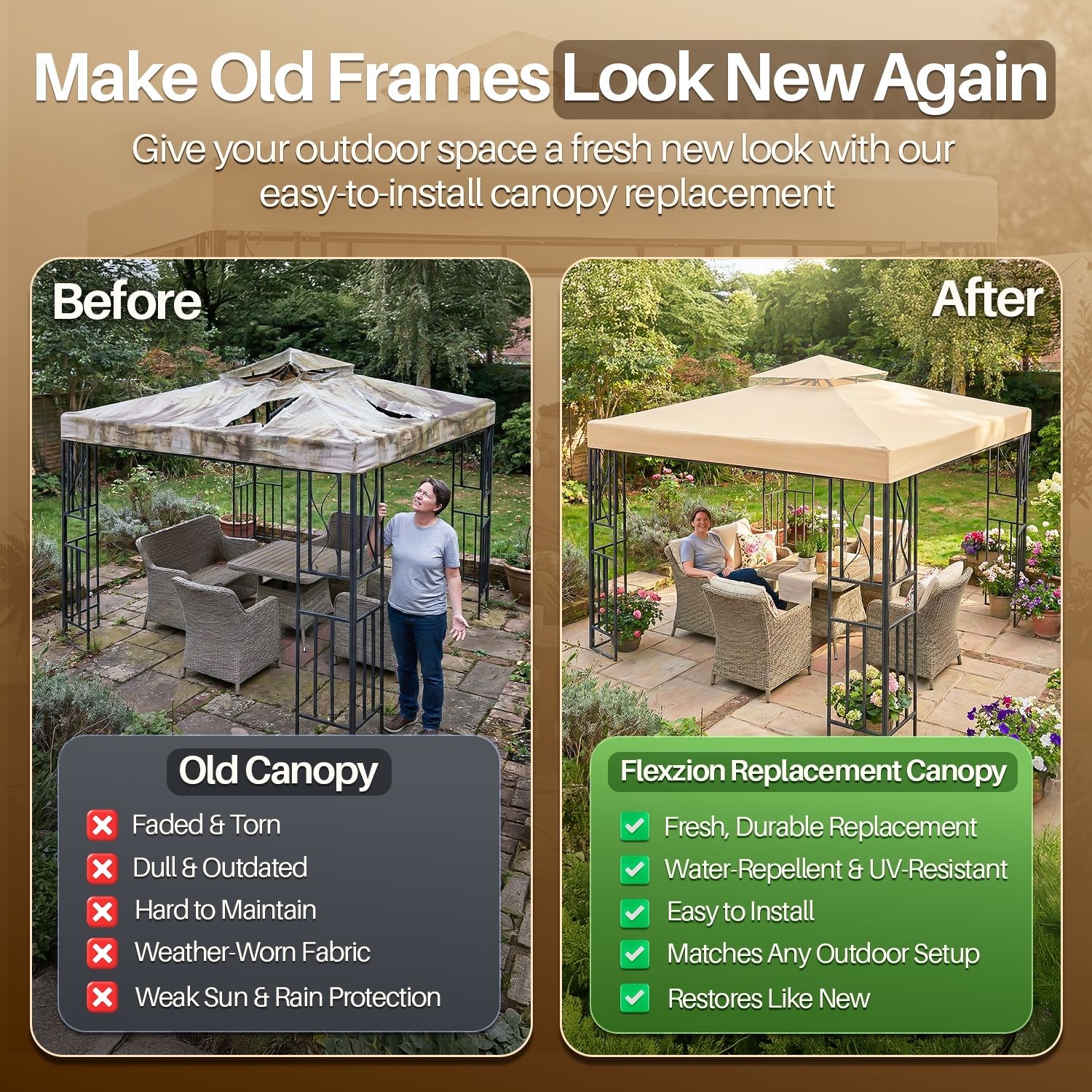 Durable Materials - UV30+ 2-layer protective gazebo cover with an 1120g/sqm polyester layer and a waterproof PA coating. It is entirely resistant to sunlight, wind, and rain, so you need not be concerned about the sun or wind