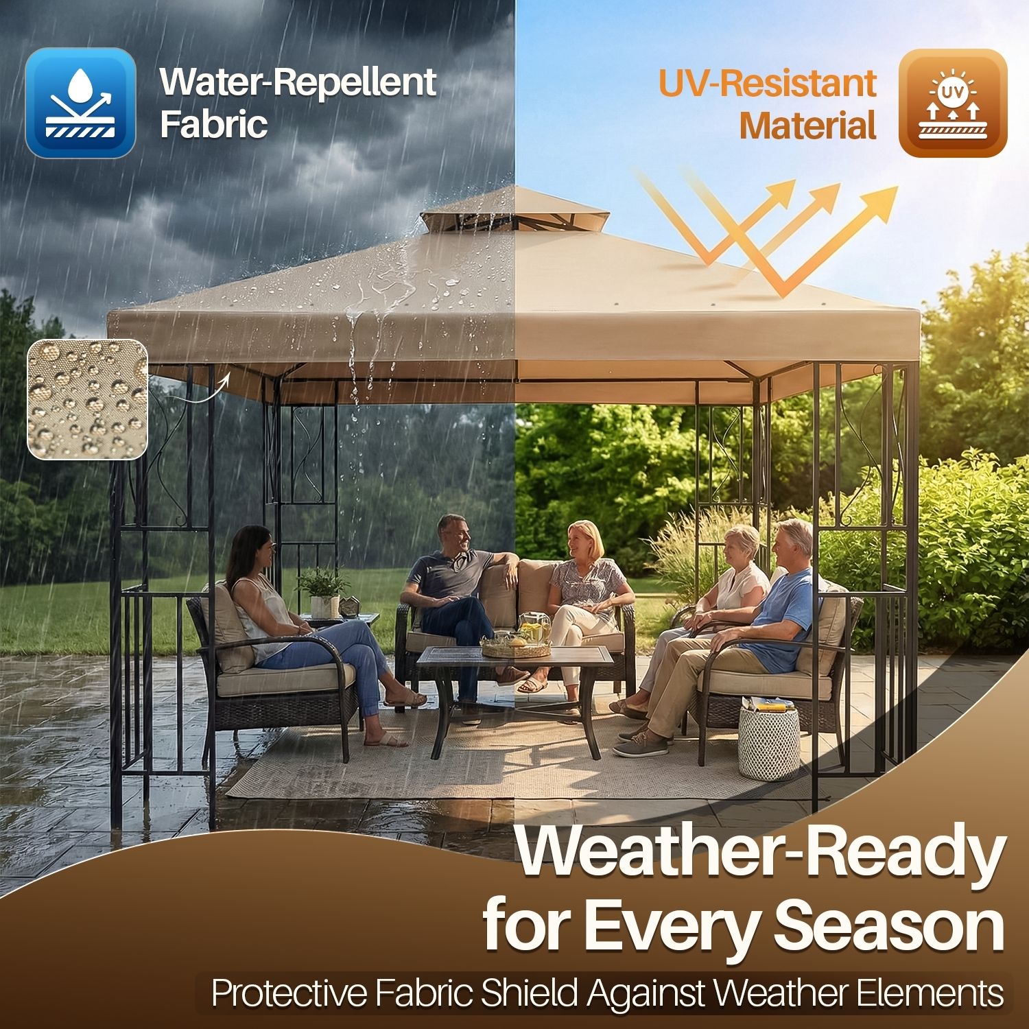 Perfect Fit and Application - Designed and built to fit a 12x12 Ft (3.6m x 3.6m) canopy frame. The canopy cover 12x12 is lightweight, weatherproof, and simple to use and store. Velcro straps are simple to install and secure to the gazebo