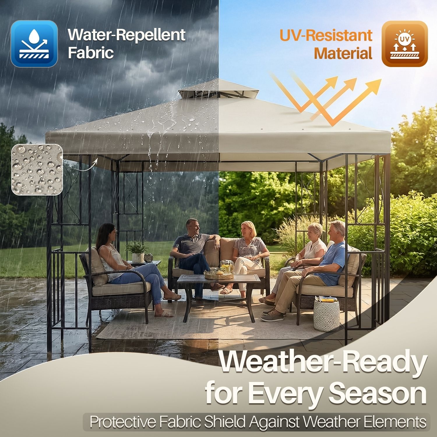 Perfect Fit and Application - Designed and built to fit an outdoor gazebo 8x8. The 8 x 8 gazebo replacement canopy is lightweight, weatherproof, and simple to use and store. Velcro straps are simple to install and secure to the gazebo