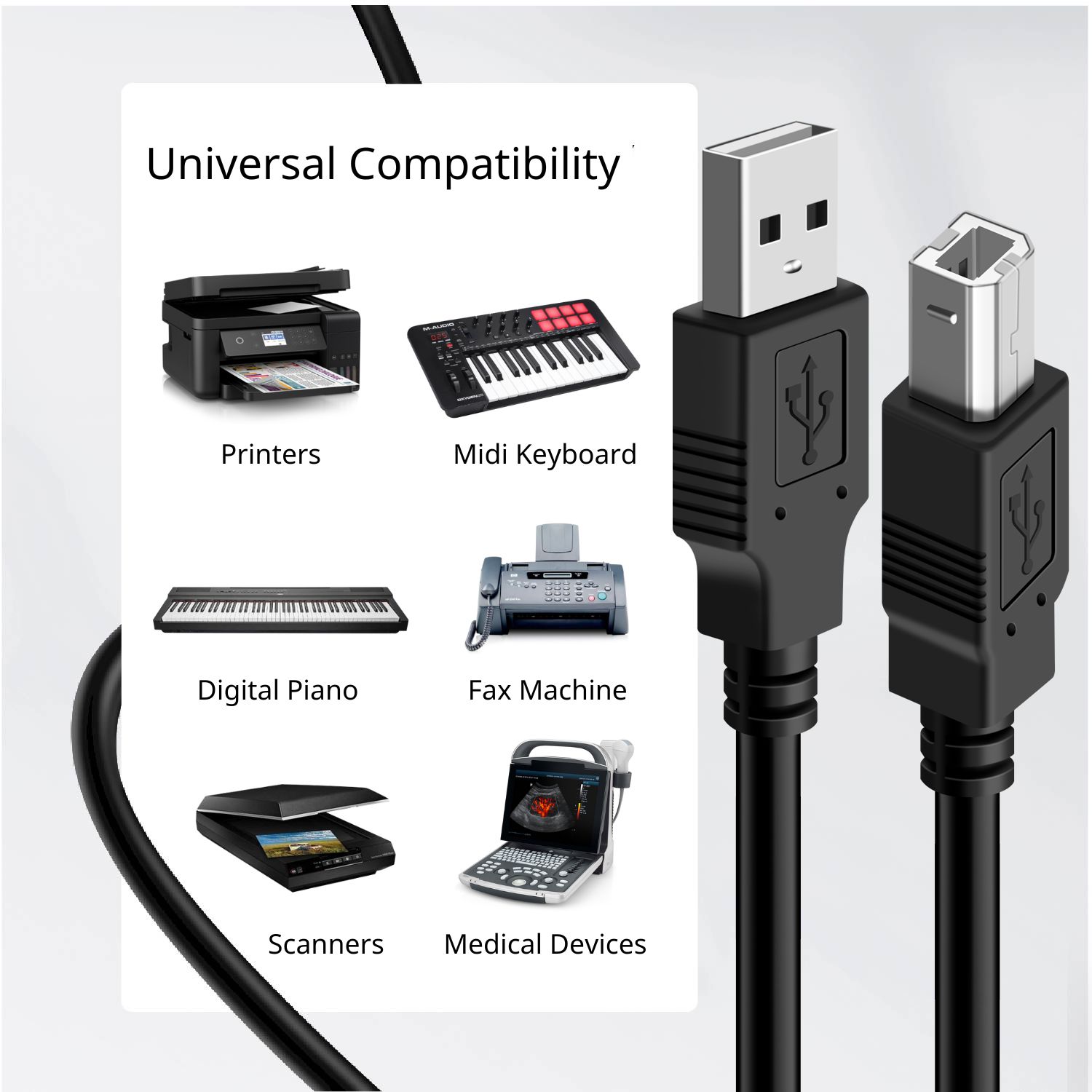 Broad Mac & PC Device Compatibility: Works seamlessly with multifunction printers, scanners, MIDI keyboards, MIDI controllers, audio interfaces, digital pianos, and other legacy USB-B equipment. Compatible with popular brands like Brother, Canon, HP, Lexmark, M-Audio, and more&mdash;making it a perfect replacement USB printer cable for your existing setup