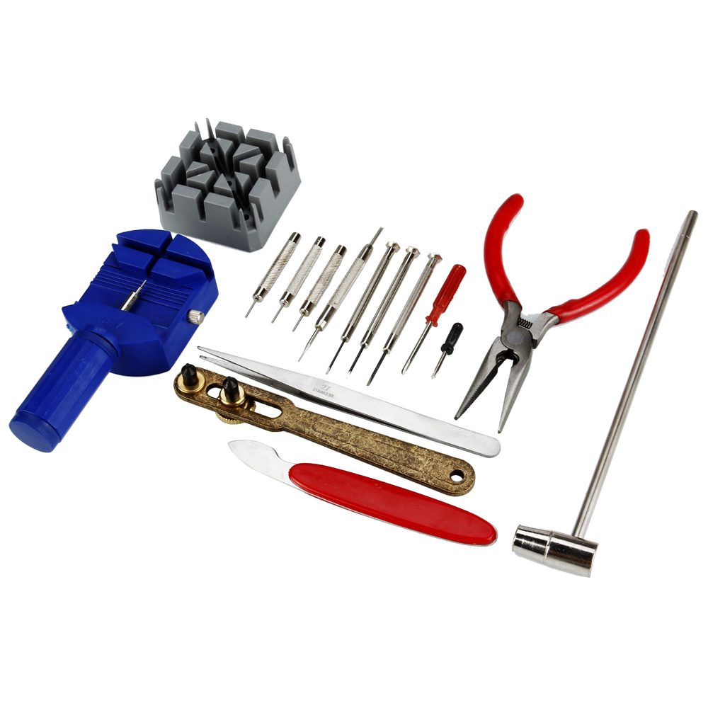 Included One watchband link pin remover; One watchband holder; One spring bar remover; 3 Pin punches; One metal and plastic hammer