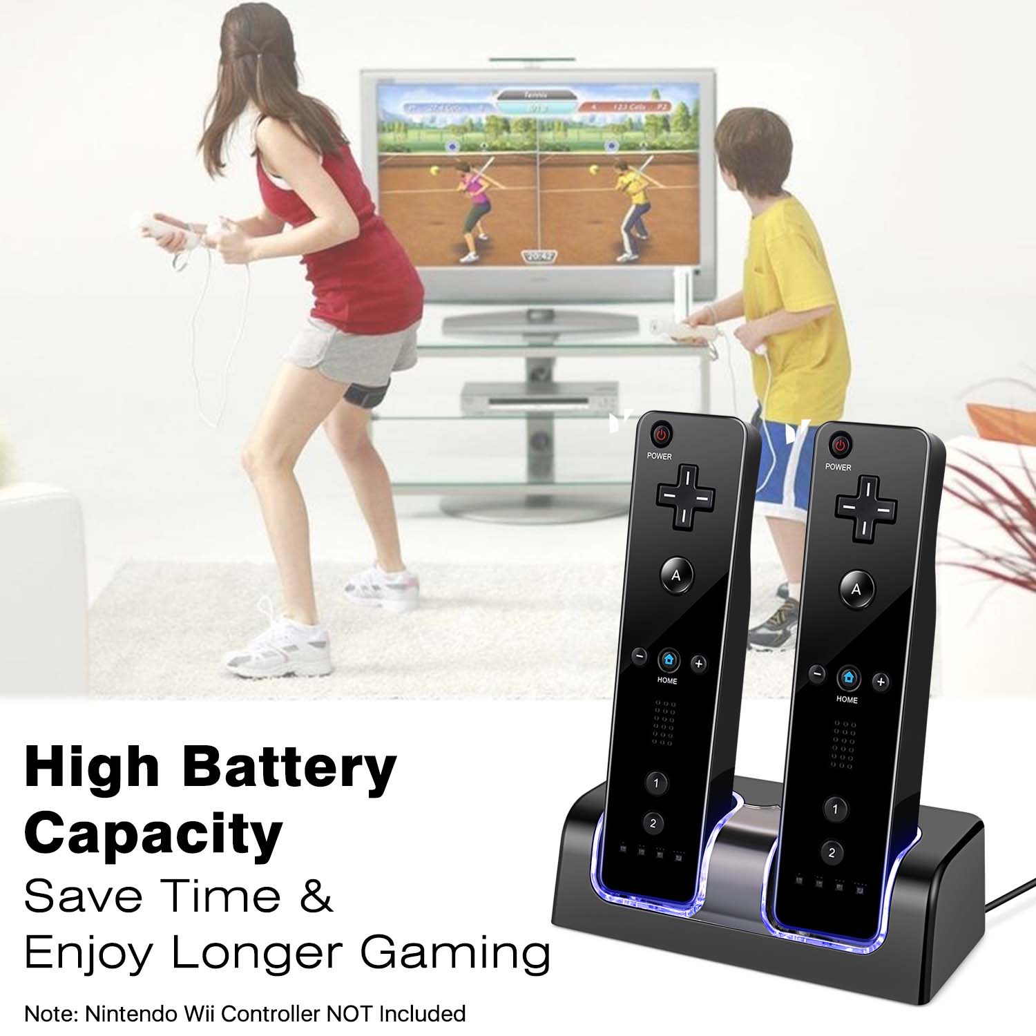 2 Slots Charging - This Wii battery charger comes with 2 charger slots for charging 2 Remote Controllers at the same time; Save time and enjoy longer gaming hours without low power concerns; LED lights glow indicating charging status