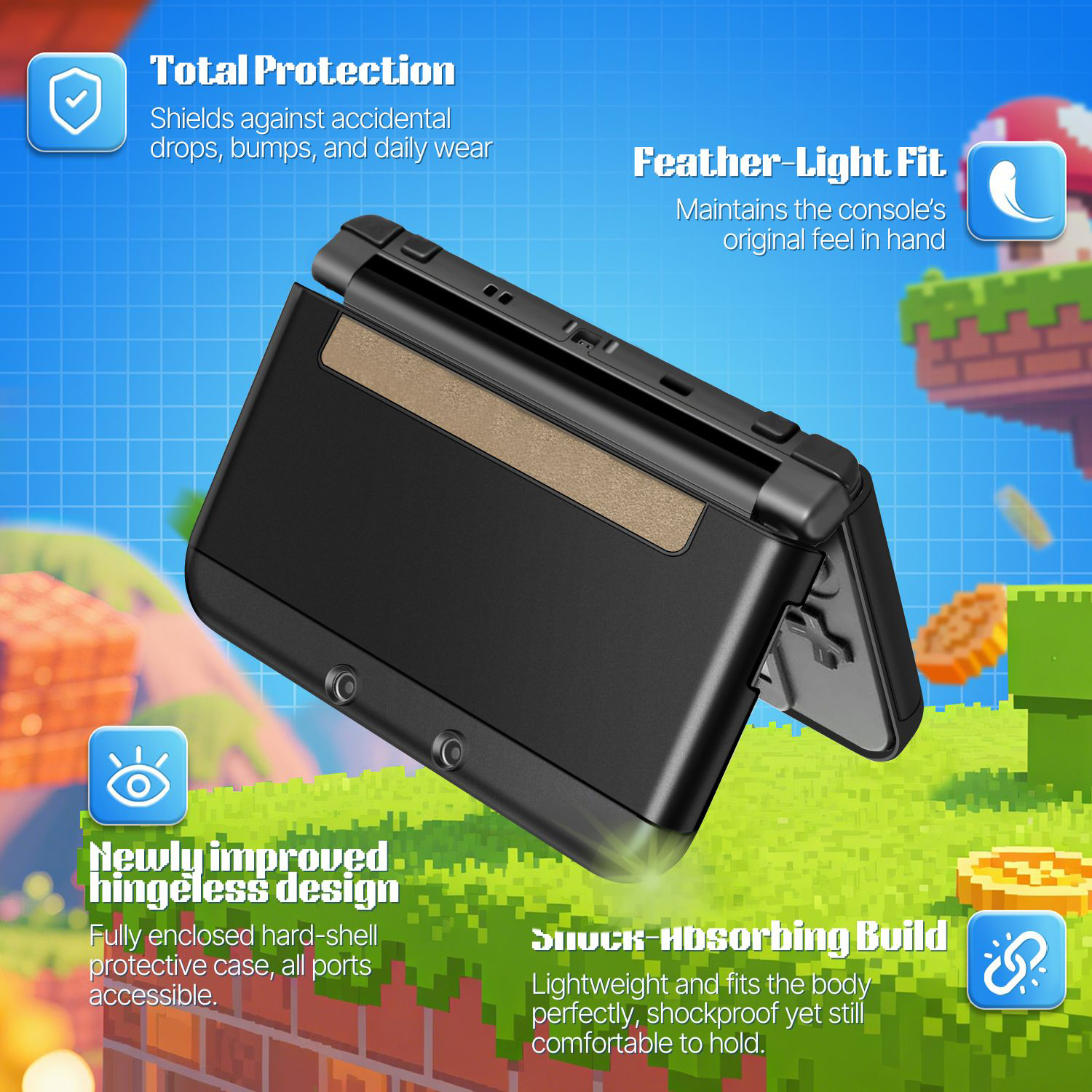 Plastic + Aluminium Full Body Protective Snap-on Hard Shell Skin Case Cover Black for New Nintendo 3DS LL XL 2015