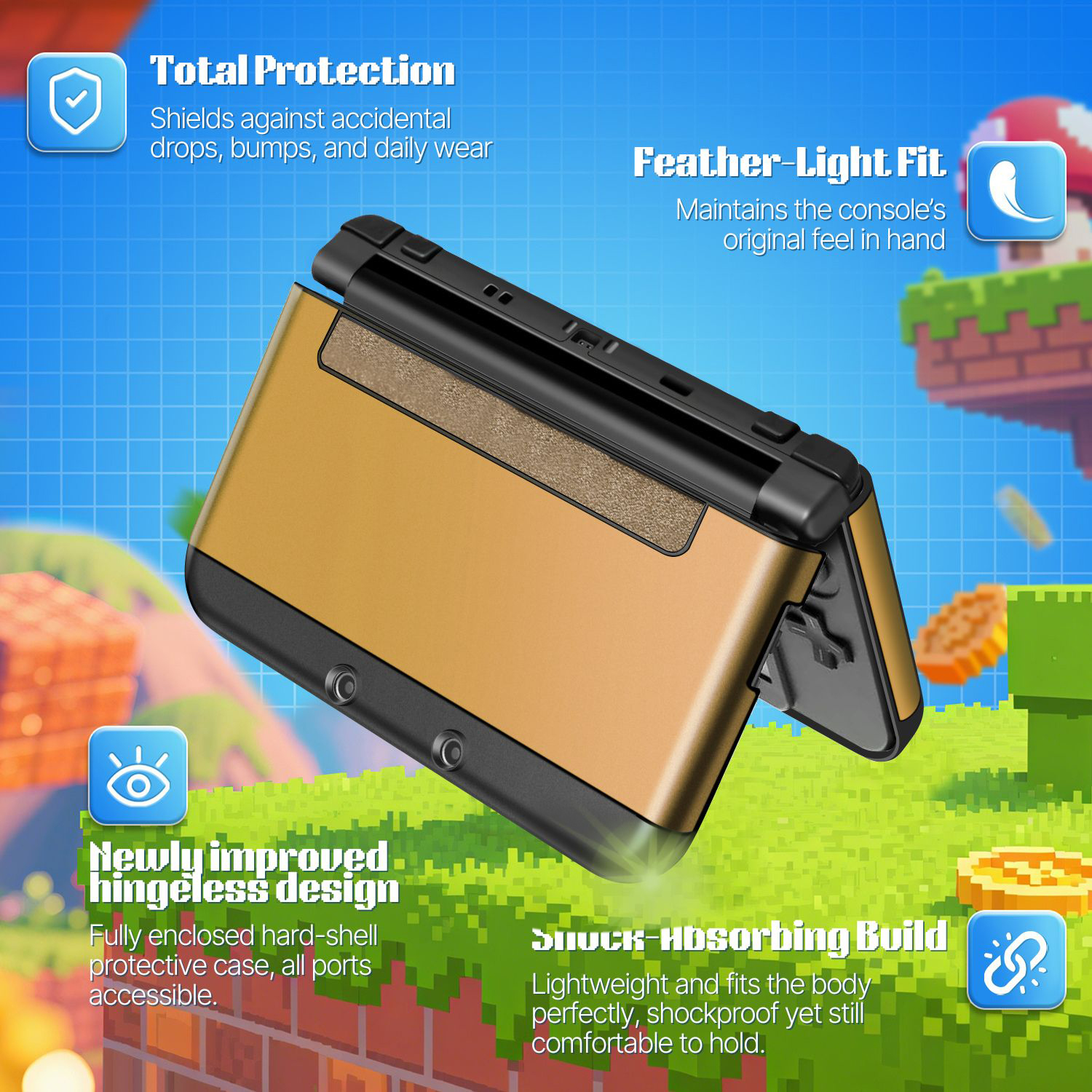 Plastic + Aluminium Full Body Protective Snap-on Hard Shell Skin Case Cover Gold for New Nintendo 3DS LL XL 2015