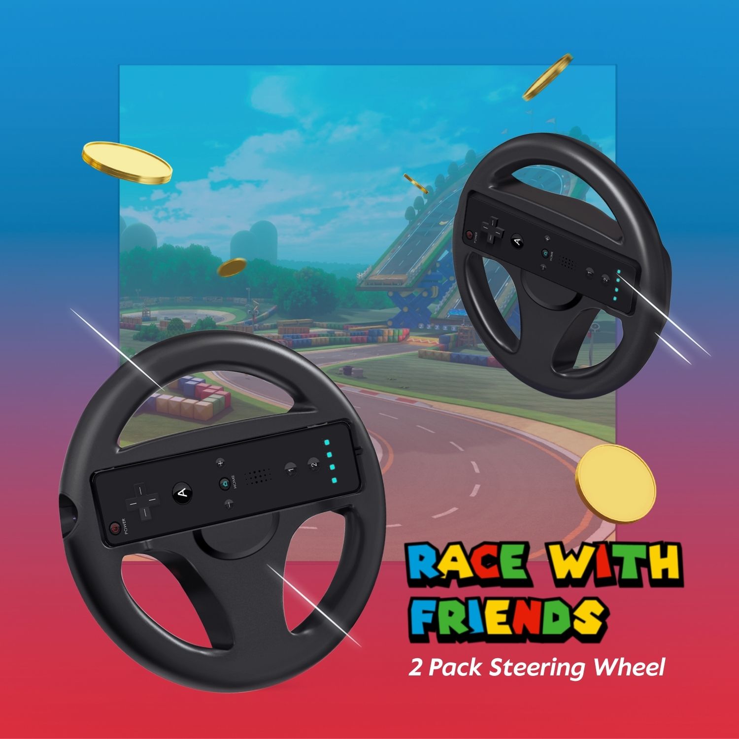 Steering Wheel for Nintendo Wii Motion Plus Remote Controller (Black, 2