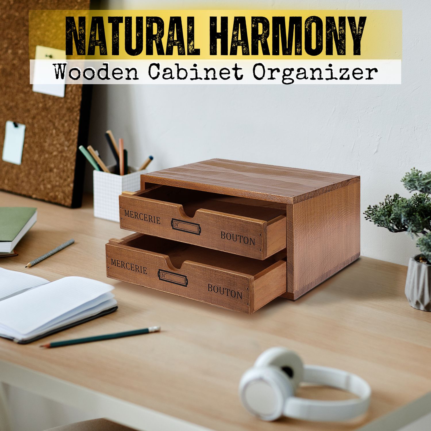 2-Tier Wooden Desktop Office Supplies Organizer Cabinet w/ 2 Storage  Drawers Set