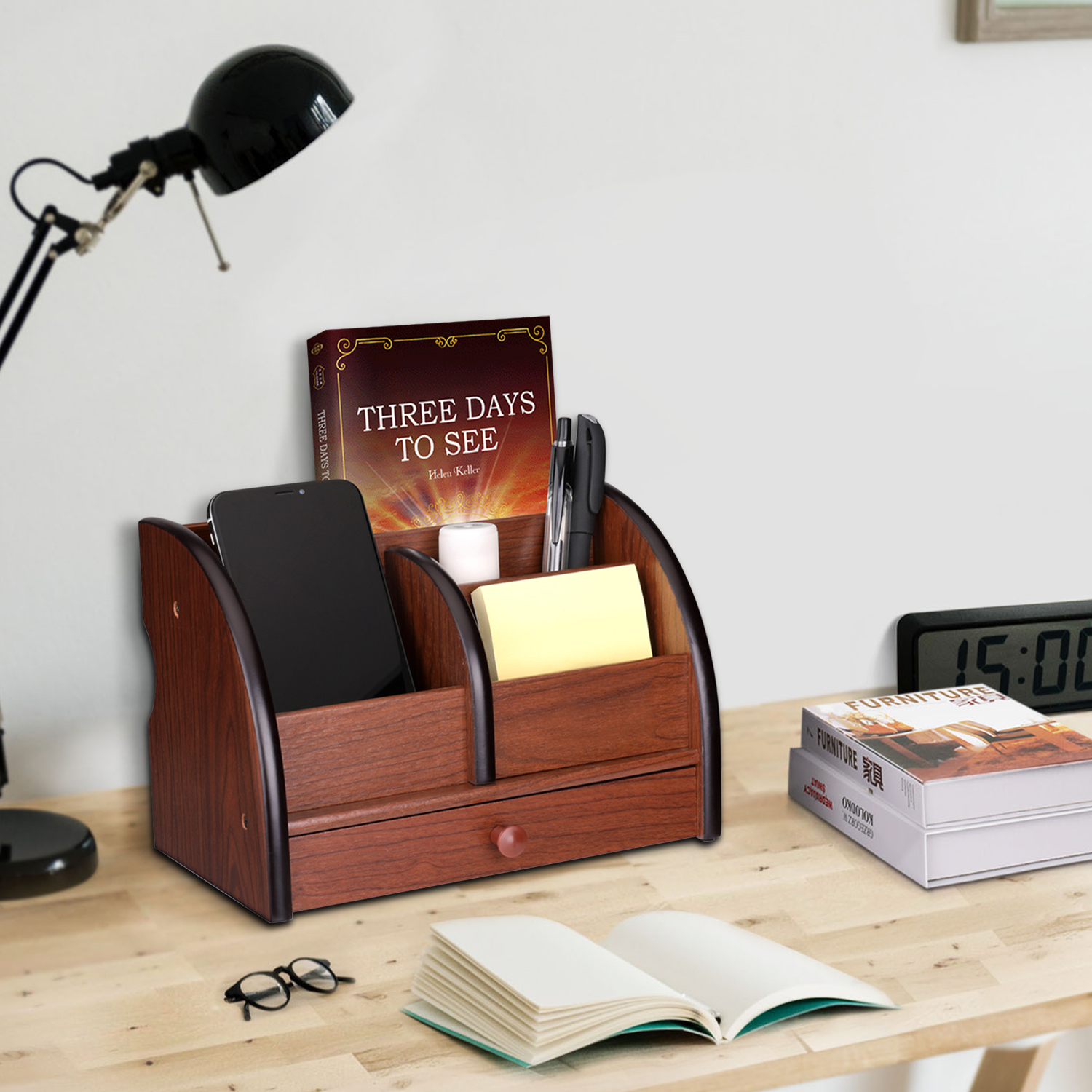 Wooden Desk Organizer w/ Drawer Office Supplies Desktop Tabletop