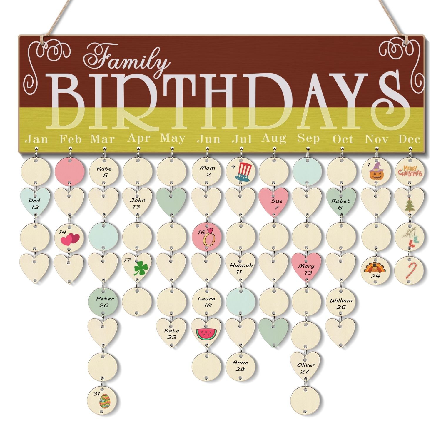 Wooden Birthday Calendar Wall Hanging DIY Sign Board Reminder Anniversary Tracker, Family Birthday Calendar with Tags 50 Wood Discs Pediments, Gift for Mom, Dad ,Grandma, Grandpa, Home D&eacute;cor