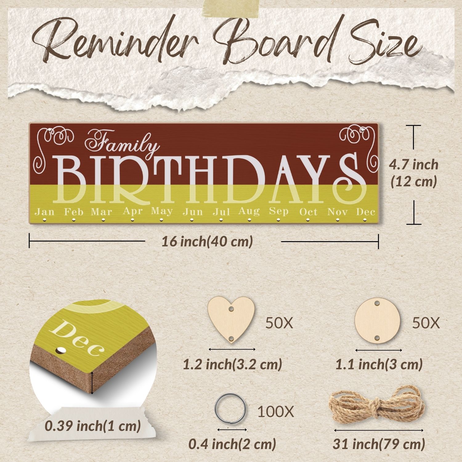 Get creative and do it yourself - With 50 heart and round wooden chips, and 50 metal ring fasteners, you'll have everything you need to customize your very own birthday plaque calendar.