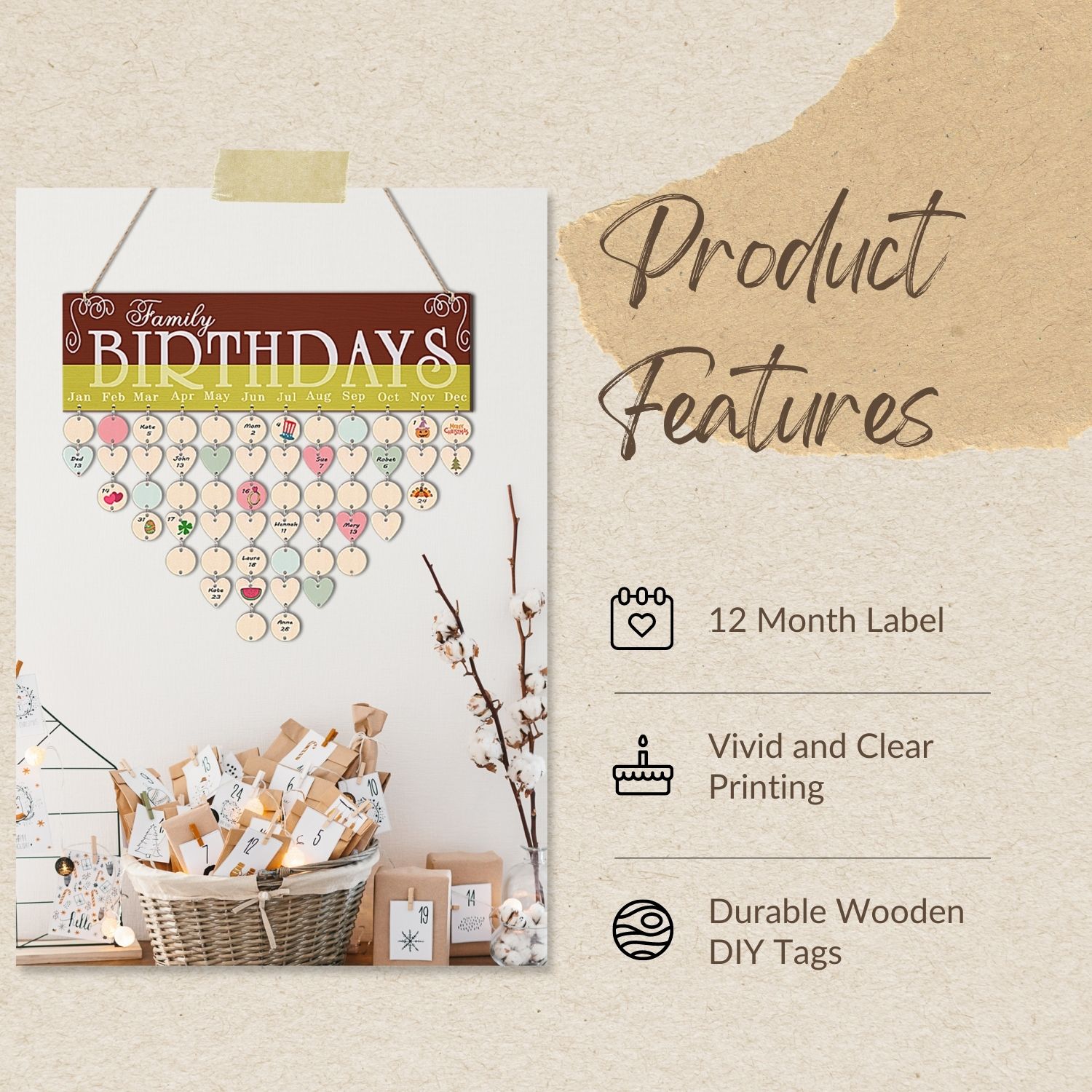 Easy to use and rearrange: Our hanging family birthday plaque with tags allows you to arrange the discs without tools, so you can make changes easily. Hand-paint or write name initials in colors you love for a personalized touch.