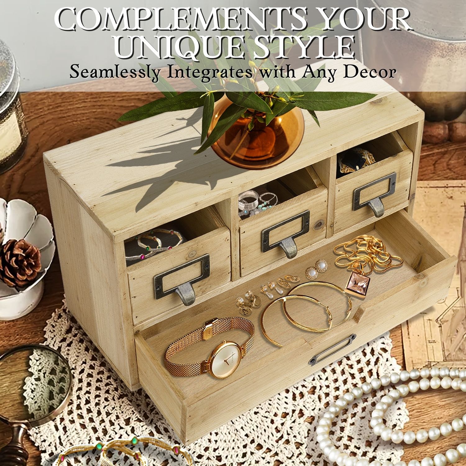 Rustic Torched Wood Desk Organizer With 2 Drawers - Dark Brown Tabletop Storage Cabinet