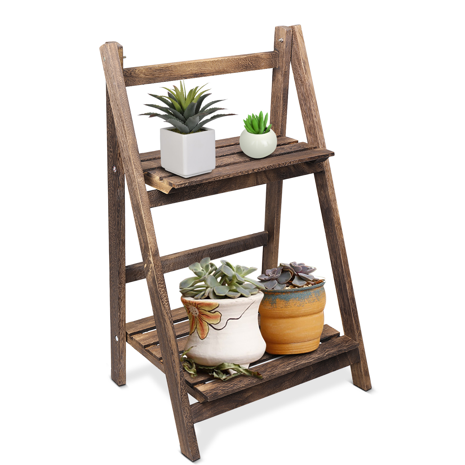 Two Tier Wooden Plant Stand Folding Freestanding Natural Wood Display