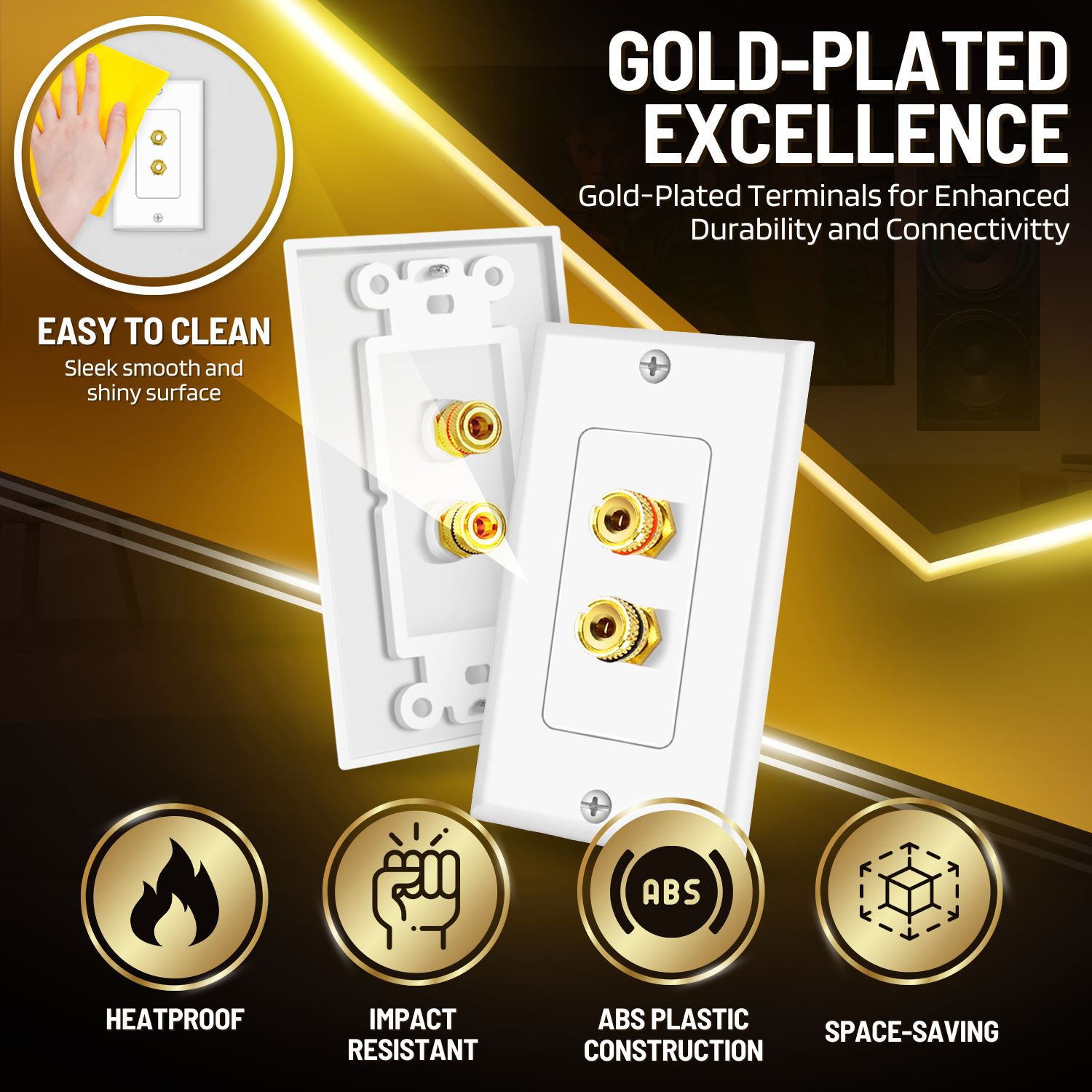 Durable Gold-Plated Terminals: Engineered to resist oxidation and corrosion, this speaker and subwoofer wall plate ensures a reliable connection, offering authentic audio distribution that lasts