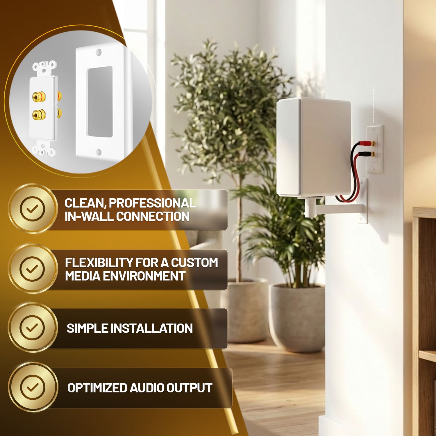 Hassle-Free Installation: Designed to fit any standard single-gang box, this speaker wire wall outlet includes all necessary screws for installation, allowing you to create your home theater with ease