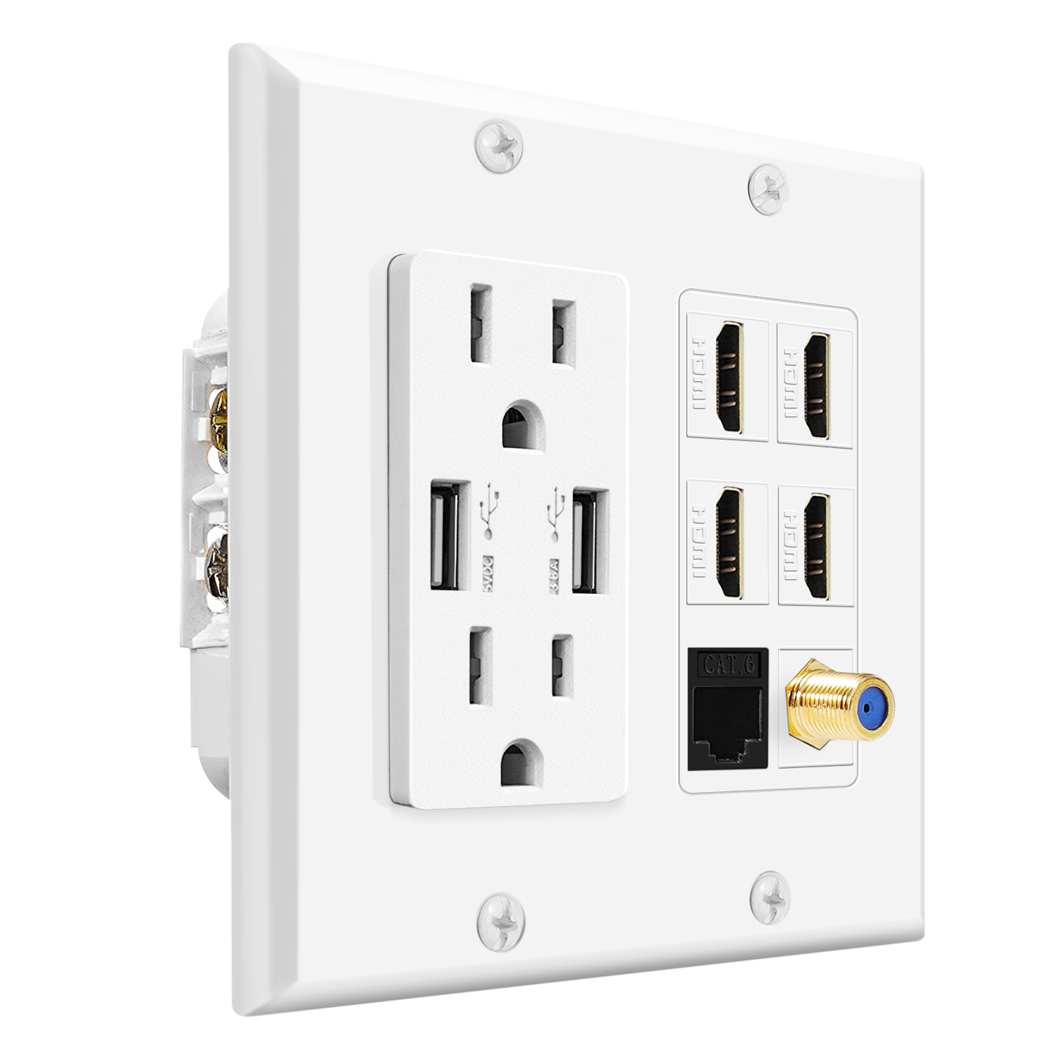 Media Wall Plug Outlet Plate 2 Gang White w/ 2 USB Outlet, 15A Dual Power Outlet, 4x HDMI Port, Cat6 Rj45 Ethernet Port, Coaxial Cable Outlet Audio Panel Coupler Panel Mount Keystone Jack