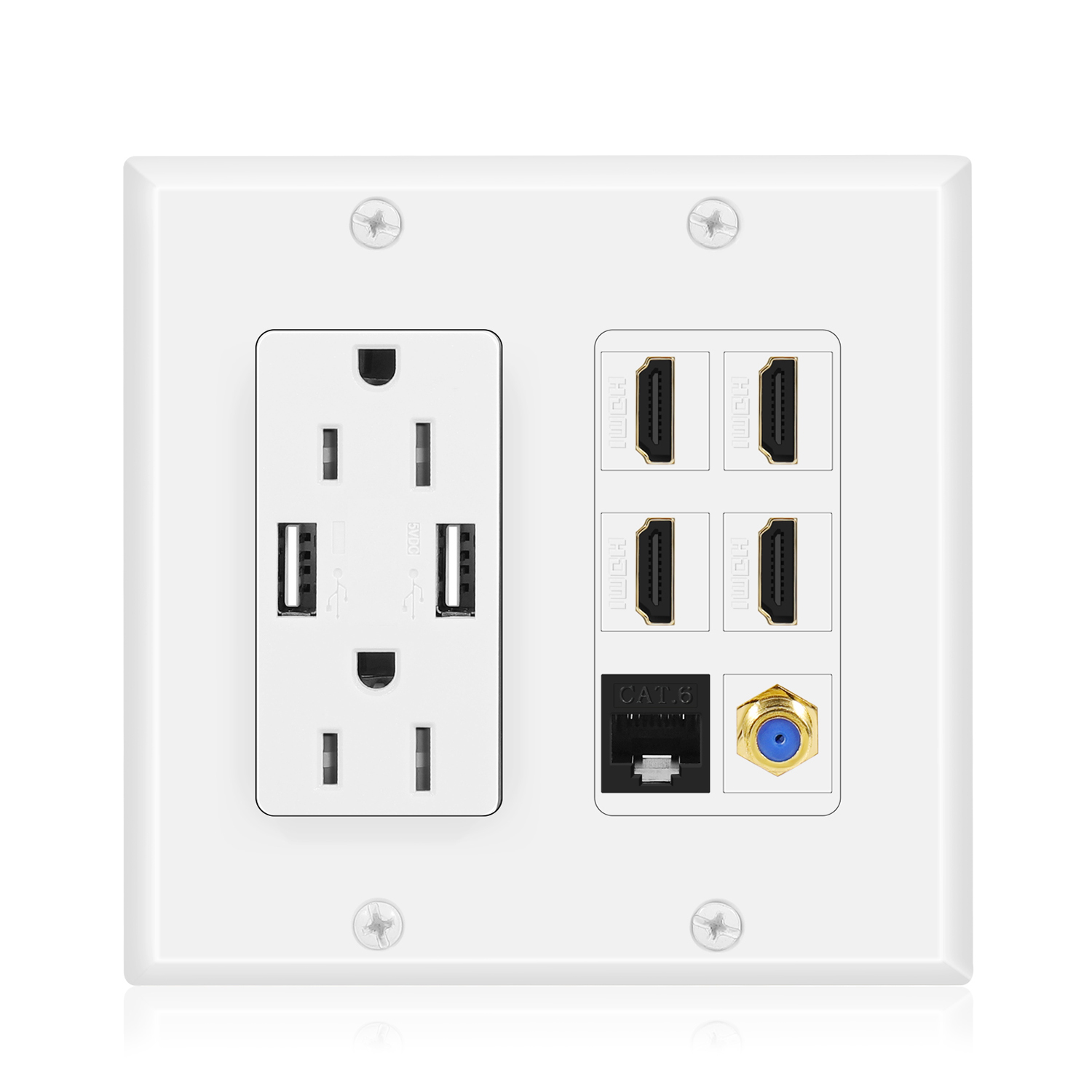 HDMI Outlet Port & Coax Wall Outlet - includes dual 15A power outlets, 4 HDMI ports, a Cat6 RJ45 Ethernet port, a coaxial cable outlet, keystone jack, and 2 USB-A ports. The HDMI and cable wall outlet caters to all your connectivity needs in one location