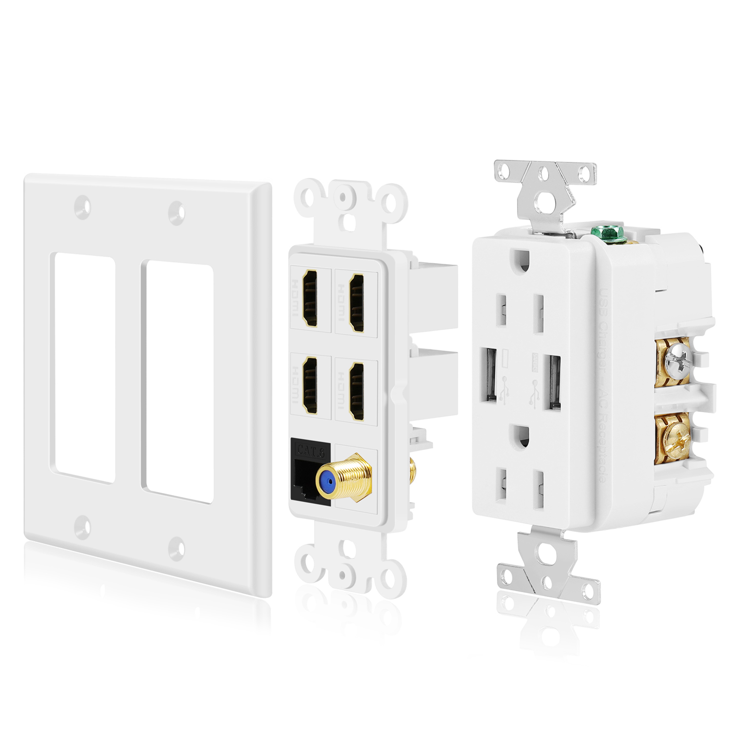 Superior Quality USB Receptacle Outlet - Crafted with heat and impact-resistant materials for longevity, this HDMI coax wall outlet plate is UL listed and provides reliable charging power