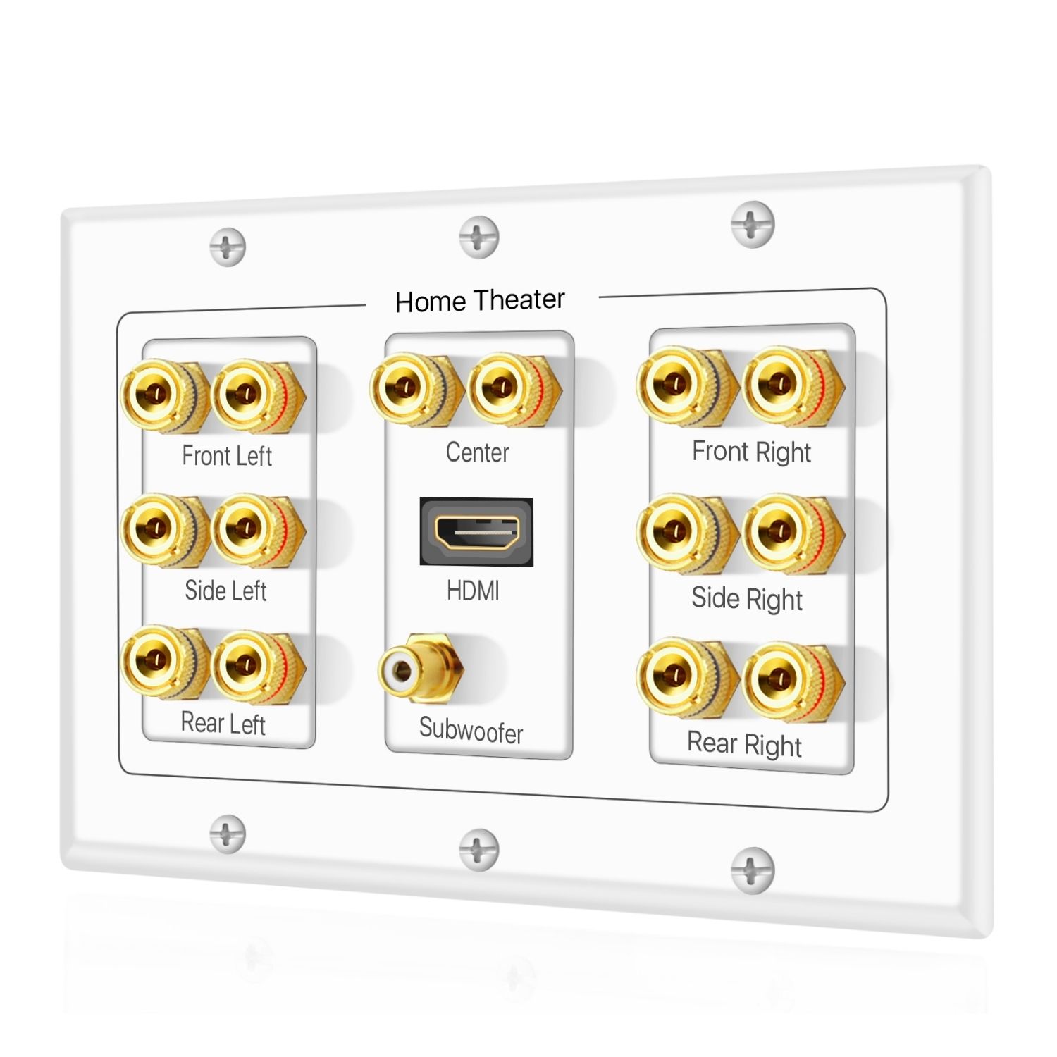 Home Theater Speaker Wall Plate Outlet - 7.1 Surround Sound Audio Distribution Panel, Gold Plated Copper Banana Plug Binding Post Coupler, RCA LFE Jack for Subwoofer, HDMI Port UHD 4K HD (3-Gang)
