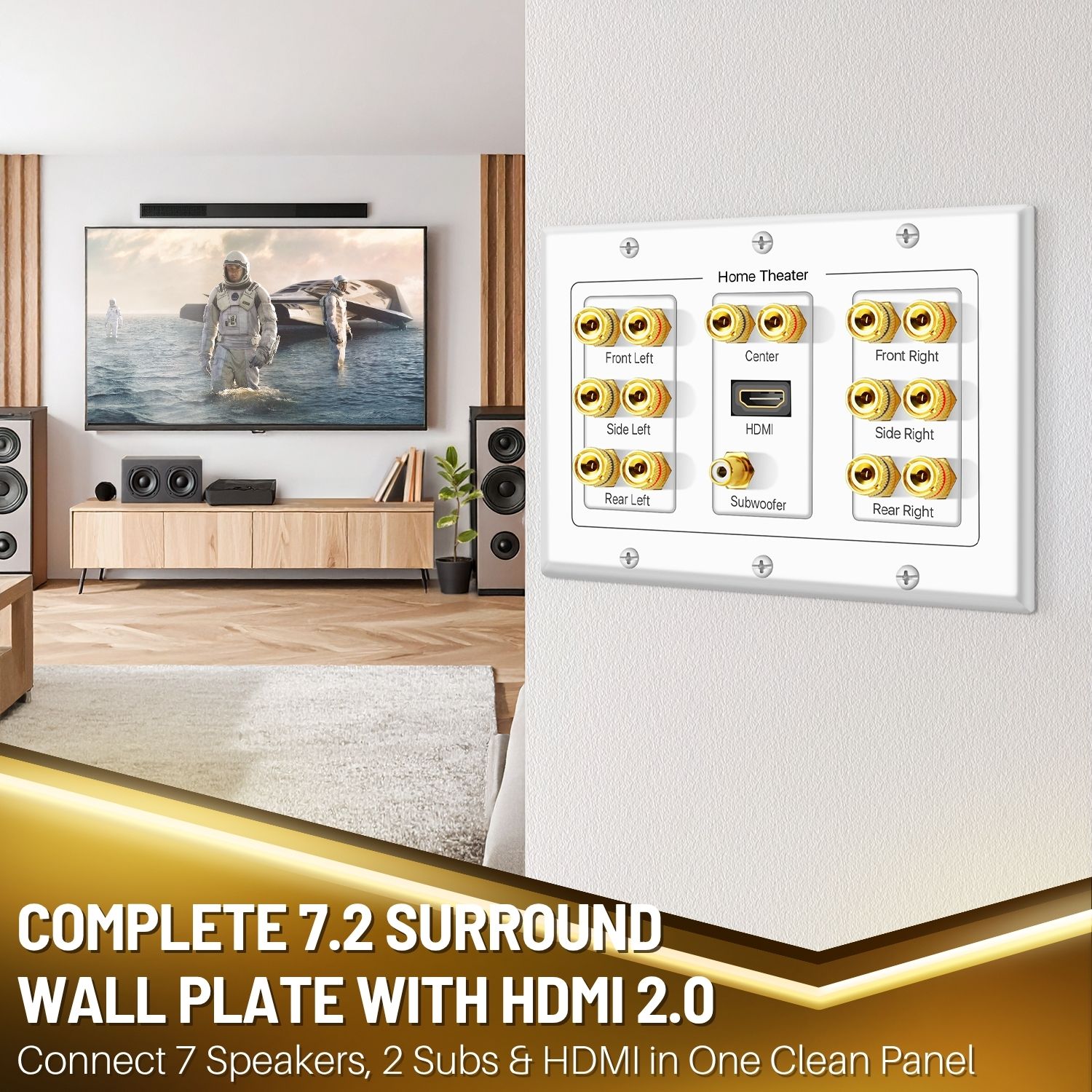 Allows connection for up to 7 speakers, 1 subwoofer, and 1 HDMI device; an ideal addition for your home theatre setup that works with AV receivers, Audio Video players, DLP, Projectors, Ultra HD UHD HDTV and supports 7.1 / 5.1 surround speaker setup