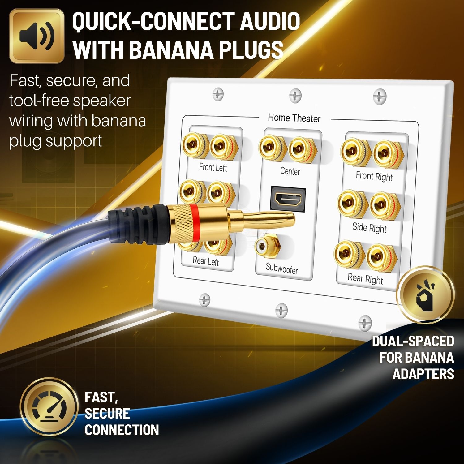 It's designed to be used with banana plugs, spades or bare wire. Banana plugs have 3/4" spacing for use with dual plug adaptors for a quicker and easier installation and removal