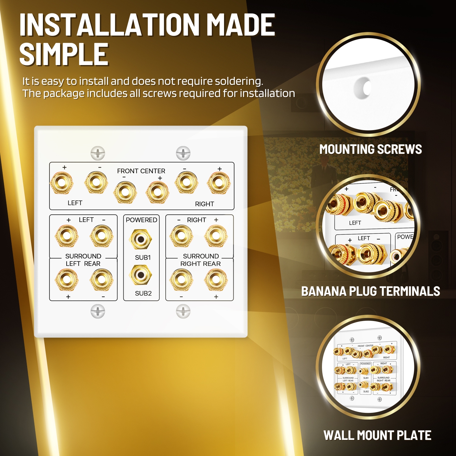 Easy Installation - User-friendly design allows for easy installation into a speaker wire gang box, and removal of this speaker plate wall, streamlining the setup of your home theater system.
