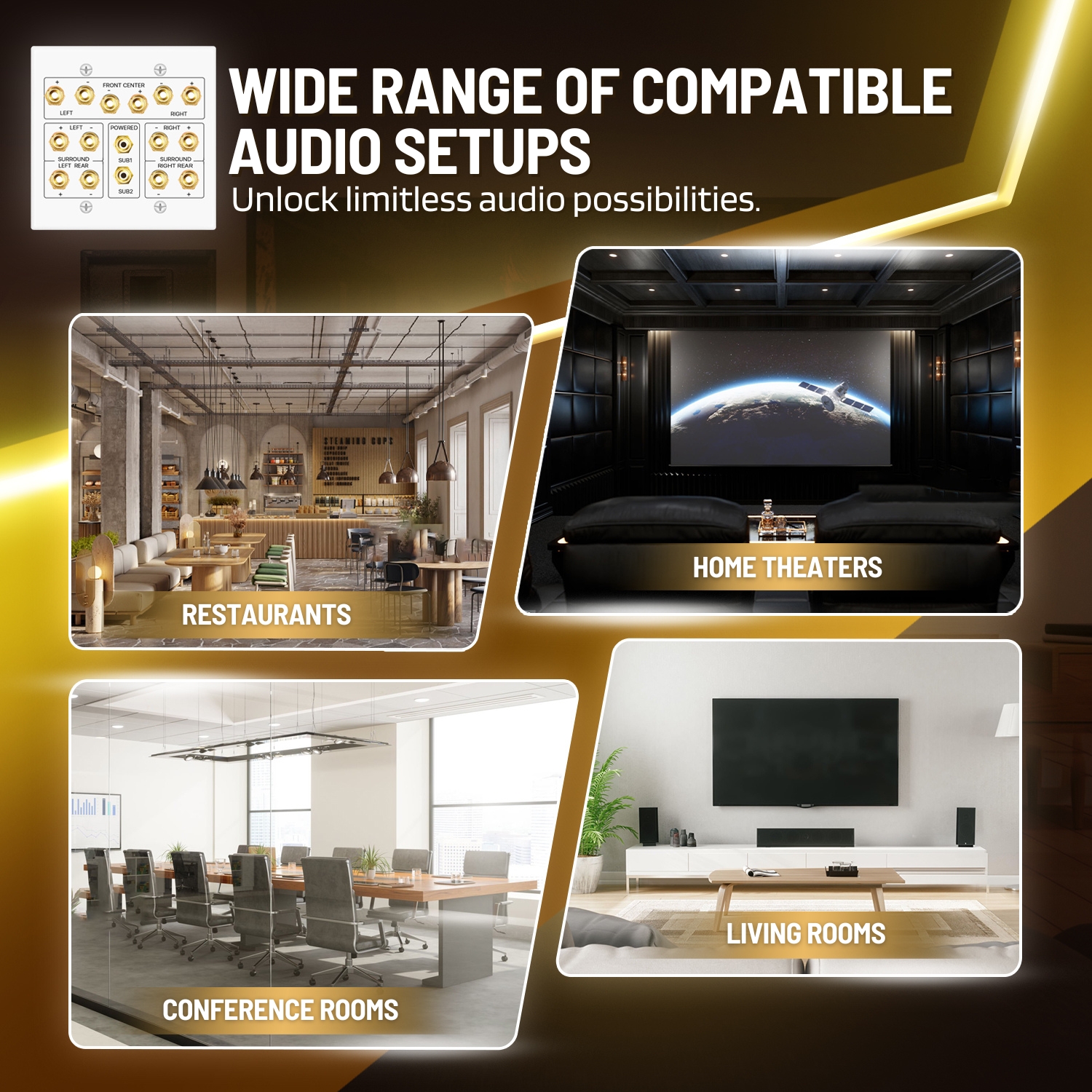 Sleek Design - Our white wall plate sound system connector seamlessly integrates into your home decor maintaining a low profile, adding a touch of sophistication.