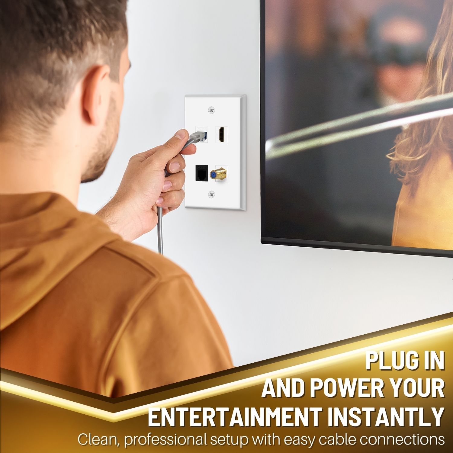 RiteAV - Cavo coassiale TV a 2 porte - Piastra da parete Ethernet Cat6 tipo F a 2 porte - Mandorla chiara