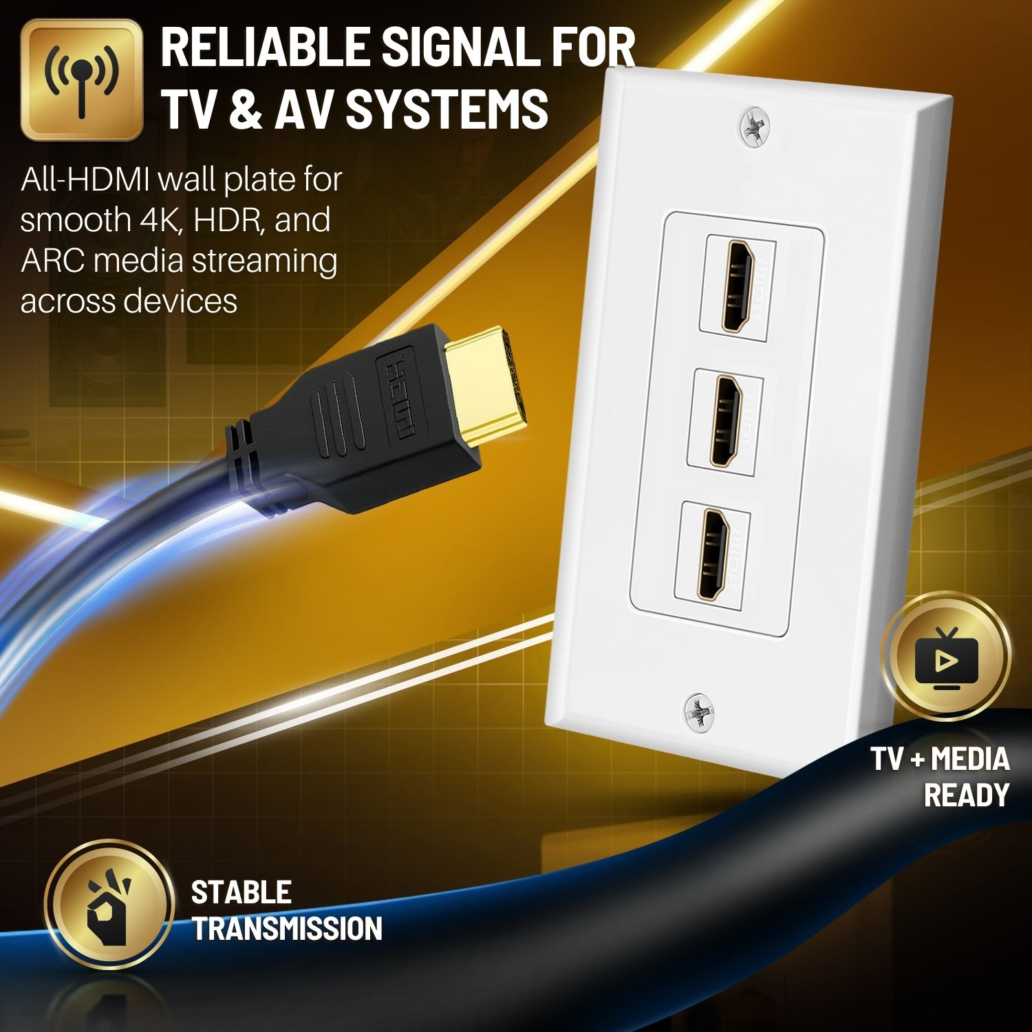 Two-Piece 4K HDMI Wall Outlet - Included faceplate and HDMI insert makes connecting the cables easier; Simple installation of HDMI wall plate 3 port insert with the included mounting screws