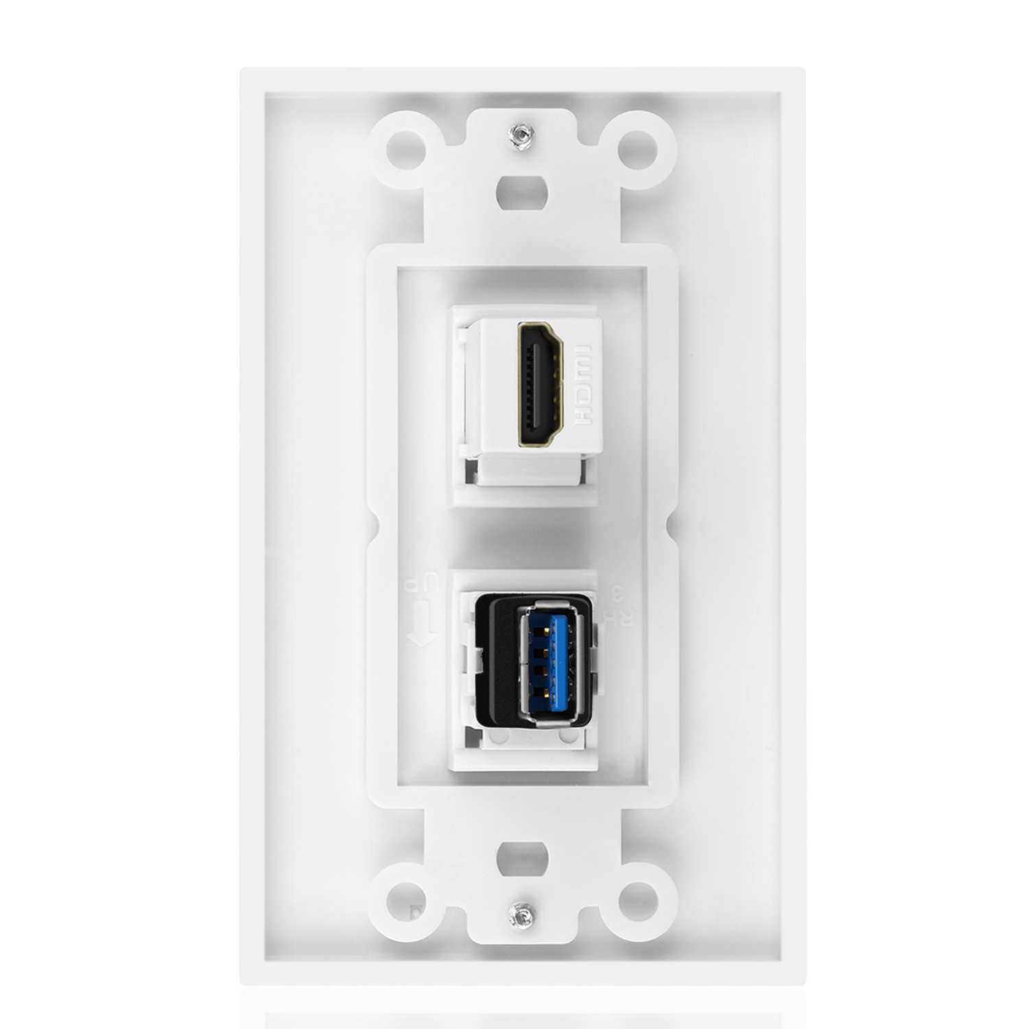 USB HDMI Hub eliminates the need for bulky adapters or wall charging converter; creates a central charging and entertaining station for the family; Hide all the unnecessary wires and keep your space clutter-free; The white color matches most light switch and power plug allows a consistent color scheme throughout your home