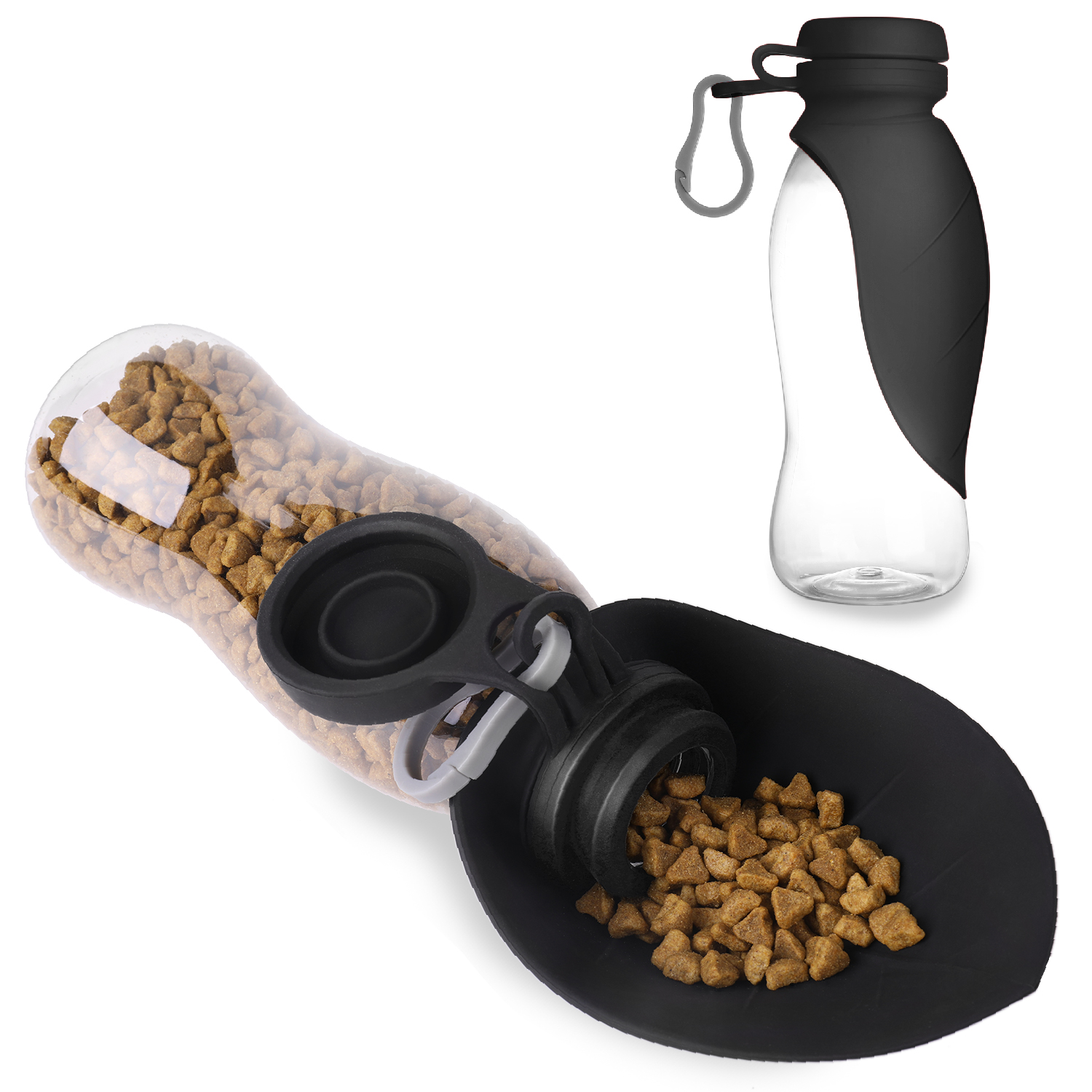 Portable Dog Pet Food Water Dispenser Bottle 500ML/17oz - Compact Expandable Silicone Travel Drinking Feeder Bowl with Flip-up Tray & Hanging Buckle Accessory for Cat Puppy Animals Outdoor (Black)