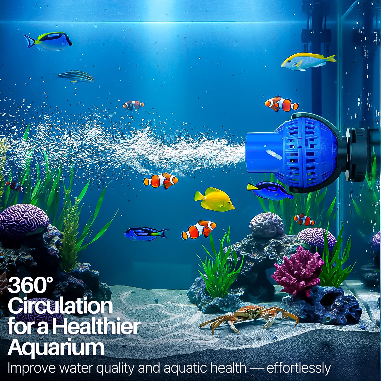 Replicate Natural Current - Our power heads for aquarium flow at a rate of 1600 GPH, providing the right amount of turbulence and act as a beach mini wave maker to mimic your fish's natural habitat, helping them display their natural behavior and improve their coloration